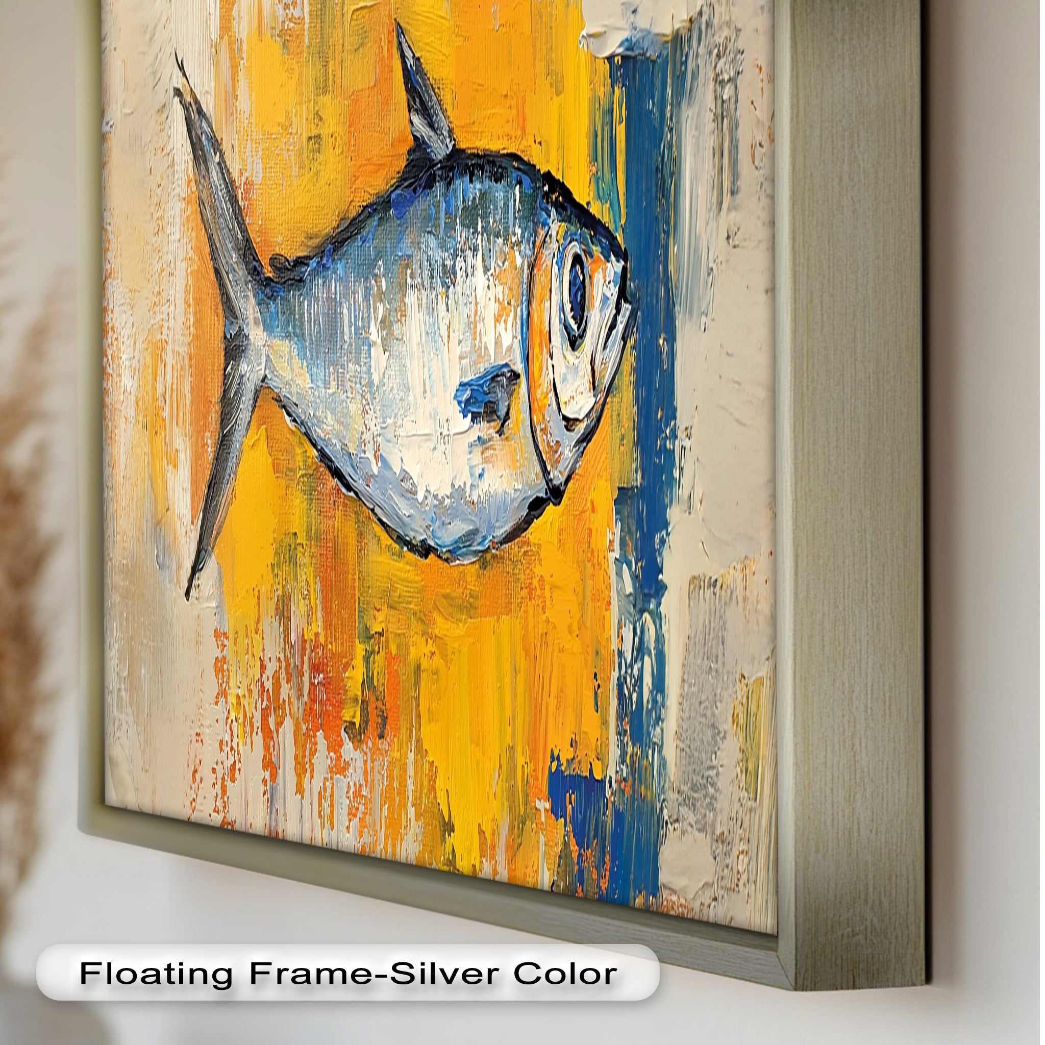 Blue Fish on Vibrant Yellow Background Animal Oil Painting - Handmade Wall Art Decor for Living Room, Bedroom & Office