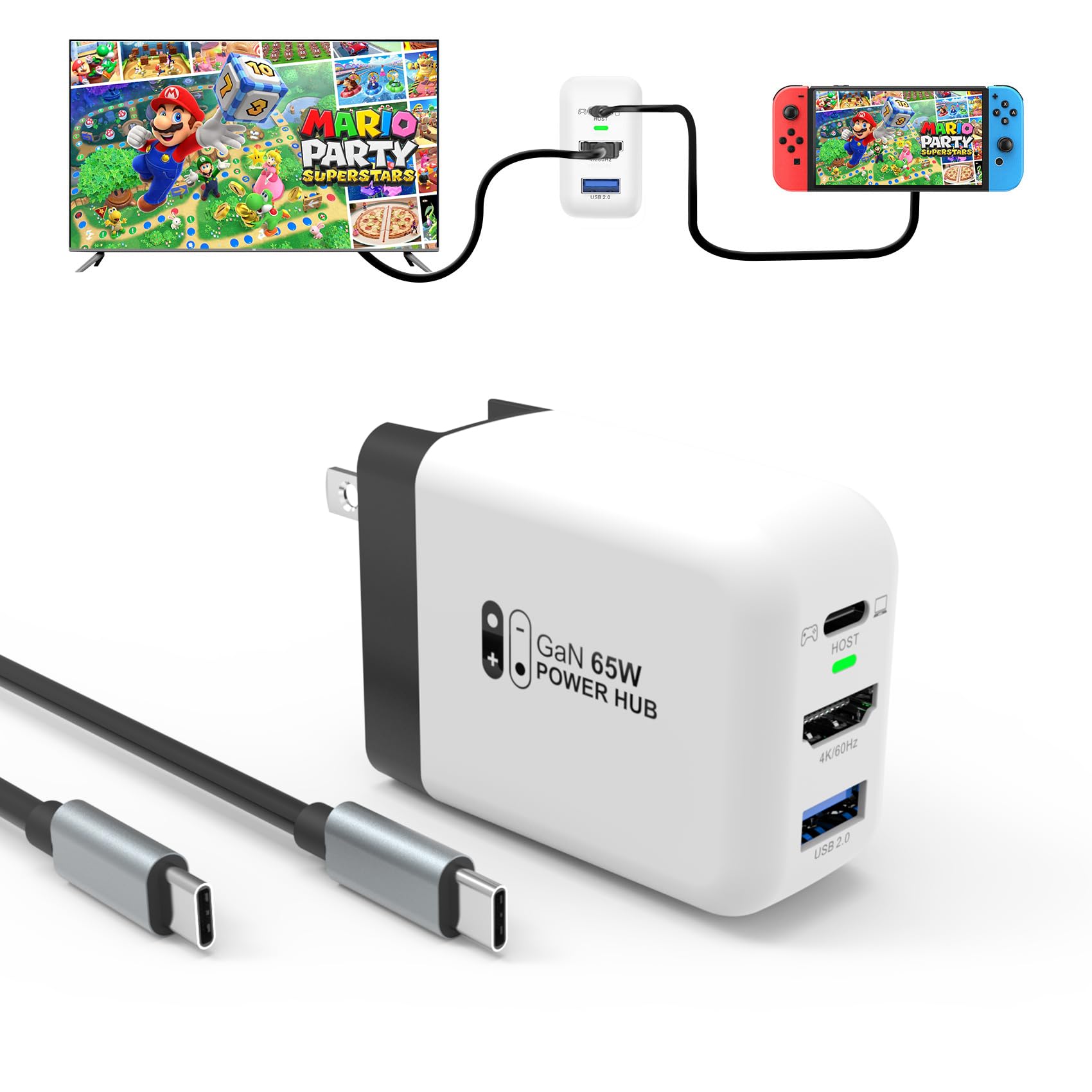 65W Portable TV Docking Station for Nintendo Switch/Switch OLED/Steam Deck/ROG Ally - 4K@60Hz HDMI, USB 2.0 & PD USB-C Fast Charging Ports with 1M Cable - Compatible with iPhone 15/15 Pro - Perfect for Gaming, Travel & Home Entertainment