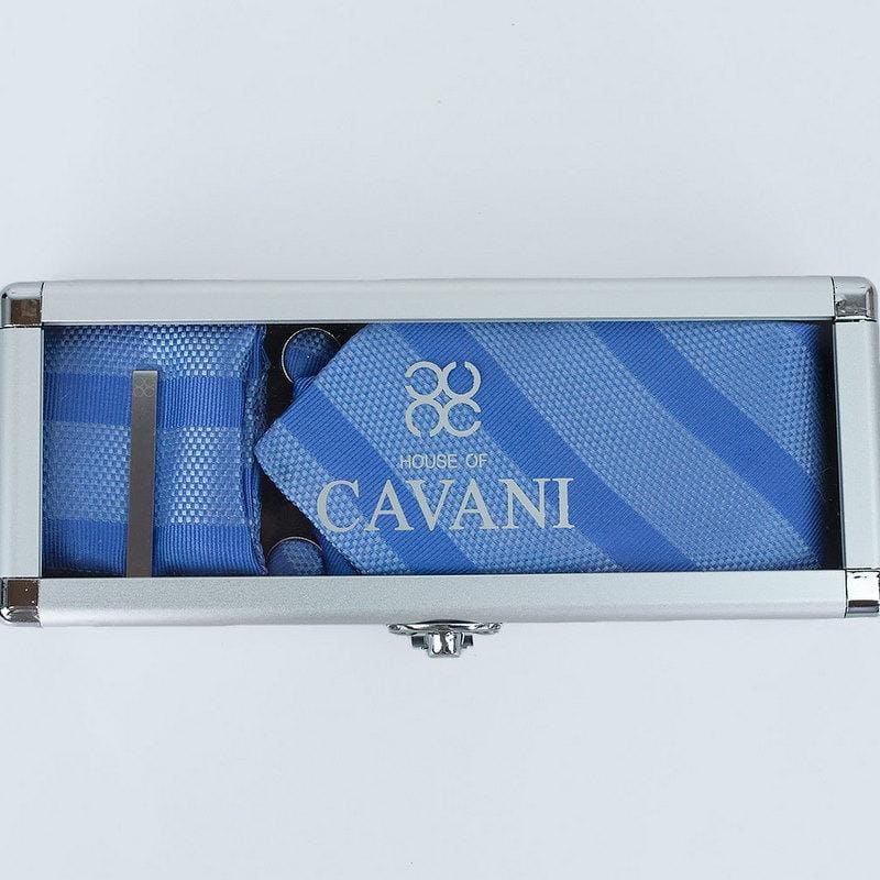 Cavani Light Blue Striped Tie Set with Gift Box - Perfect for Weddings, Business Meetings & Formal Events