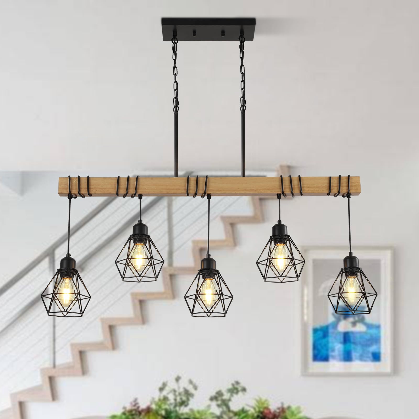 5-Light Modern Farmhouse Kitchen Island Chandelier - Black Rustic Wood Linear Pendant Light for Dining Room & Table - Perfect for Farmhouse, Rustic, and Modern Home Decor