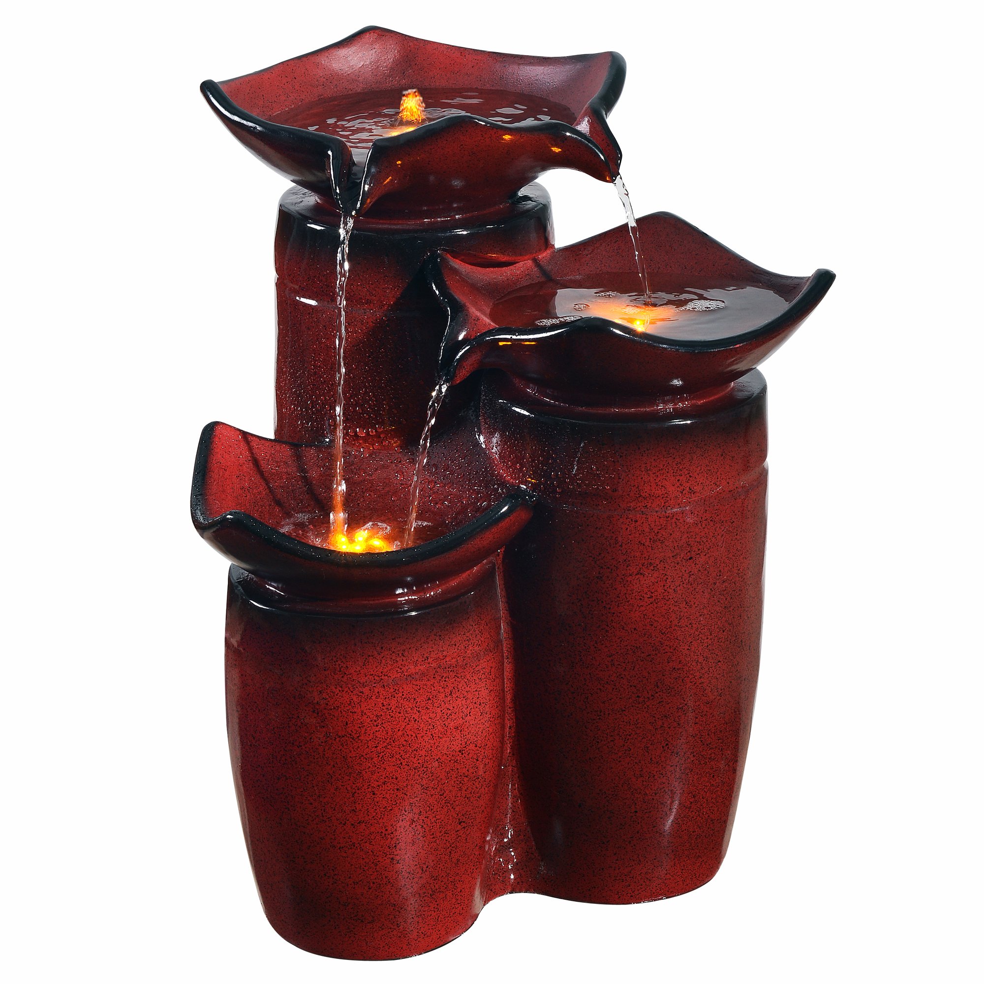 Teamson Home 3-Tier Outdoor Water Fountain with LED Lights & Pump - 20 Inch Gradient Red Glazed Ceramic Floor Fountain for Garden, Patio, Backyard, Deck Decor | Perfect for Relaxing Ambience, Zen Meditation Spaces & Landscape Enhancement
