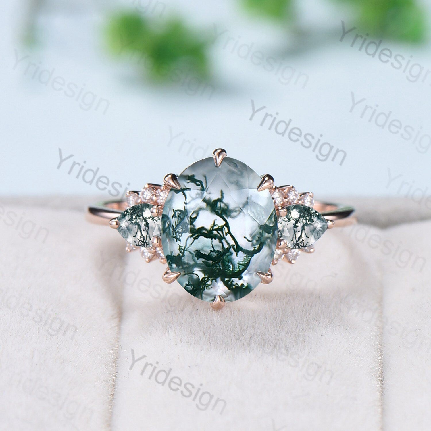 8x10mm Big Moss Agate Engagement Ring - Vintage 6 Prong Art Deco Moissanite Wedding Band with Pear Green Agate Cluster | Aquatic Stone Jewelry for Beach Weddings & Boho Fashion