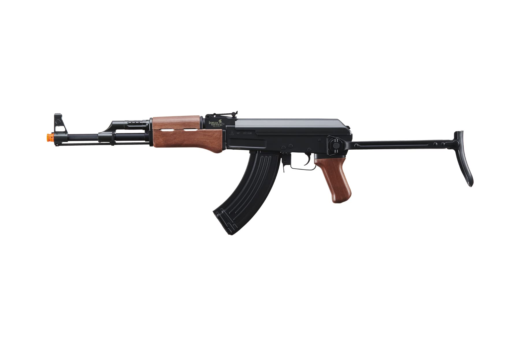Lancer Tactical AK47 AEG Airsoft Rifle - Full Metal High FPS Electric Gun with Folding Stock, 600 Round Magazine, Battery & Charger Included (Black/Faux Wood) - Perfect for Milsim, Airsoft Battles & Tactical Training