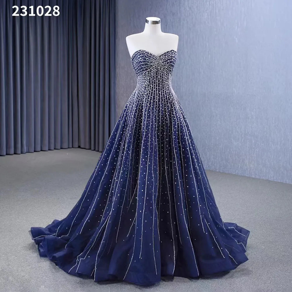 Luxury Navy Blue Strapless Crystal Beaded Wedding Dress with Pearls & Lace Up - Custom Made Bridal Gown HM23102 | Perfect for Beach Weddings, Evening Galas & Formal Occasions