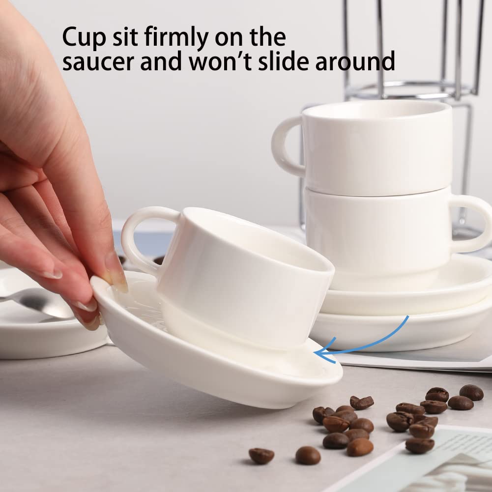 Premium Porcelain Espresso Cups and Saucers Set of 4 - 2.5oz Stackable Cappuccino Cups with Metal Stand for Coffee, Latte, Tea - Elegant Black for Home, Cafe & Office Use