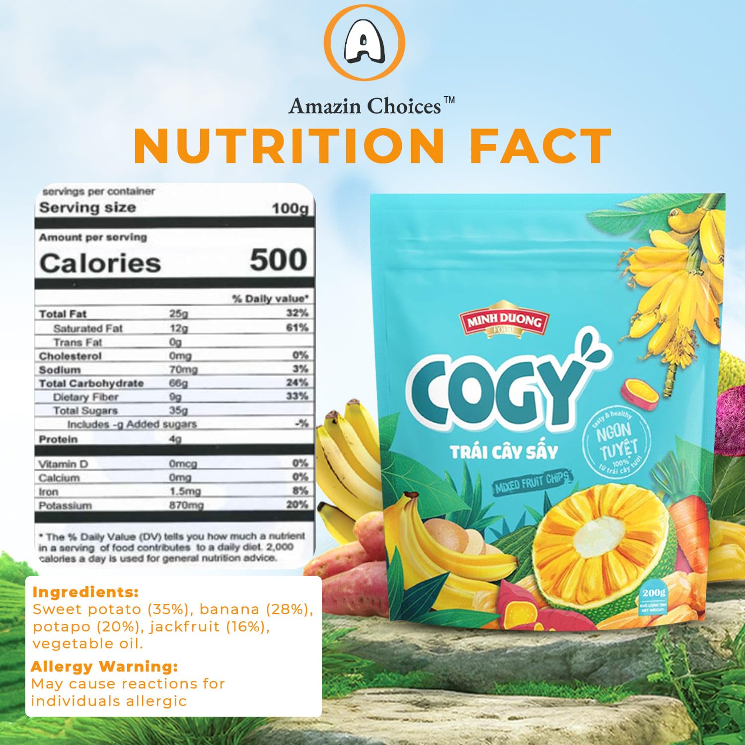 Premium Vietnamese Dried Fruit Mix - Banana Chips, Jackfruit & Sweet Potatoes (7.05oz) | Vegan, Gluten-Free Snacks for Kids & Adults by Amazin Choices | Healthy On-the-Go Snacking, Office Treats & Travel Food