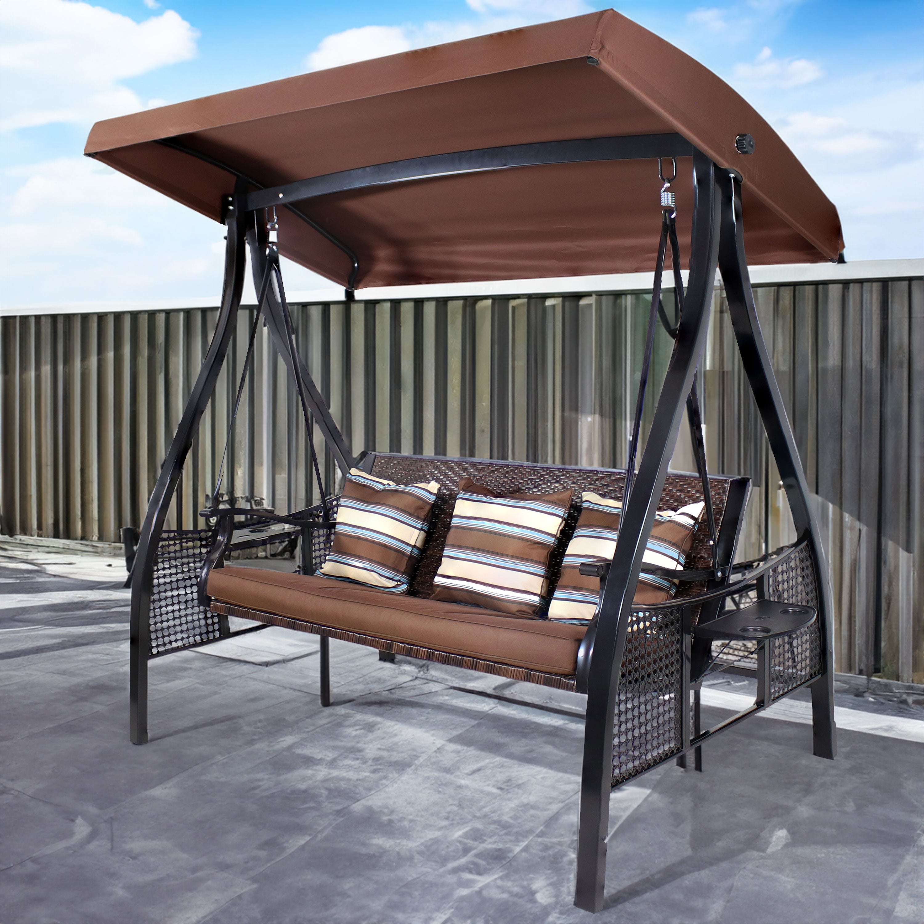 Sunnydaze Deluxe 3-Person Outdoor Patio Swing with Adjustable Canopy & Side Tables - Perfect for Backyard, Garden, or Porch Relaxation