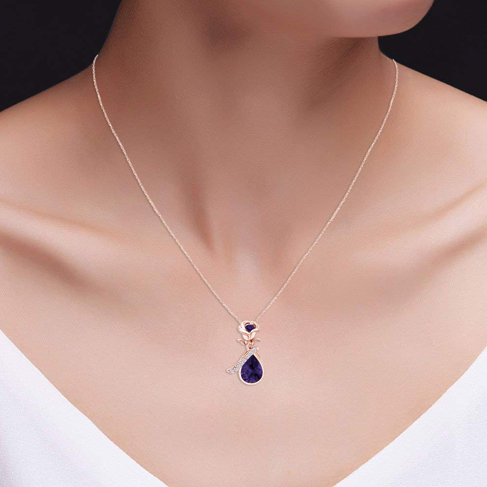 14K Rose Gold Over Sterling Silver Simulated Birthstone Teardrop Pendant Necklace with Rose Flower Bezel Setting - Elegant Jewelry Gift for Women, Perfect for Anniversaries, Birthdays & Special Occasions