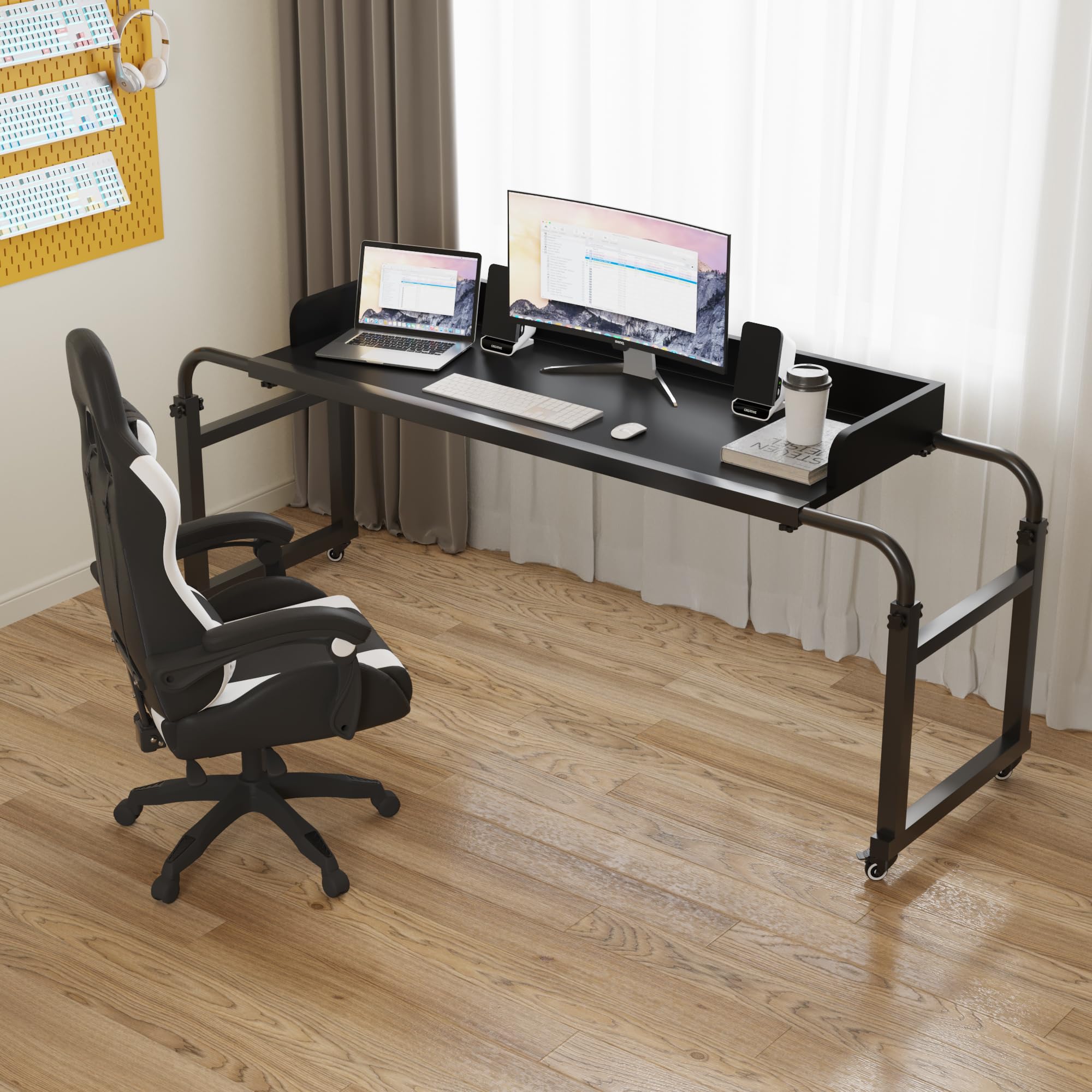 Adjustable Overbed Table with Wheels - Rolling Laptop Desk for King & Queen Beds - Portable Hospital Bedside Table (Black) - Perfect for Home, Office, and Patient Care Use