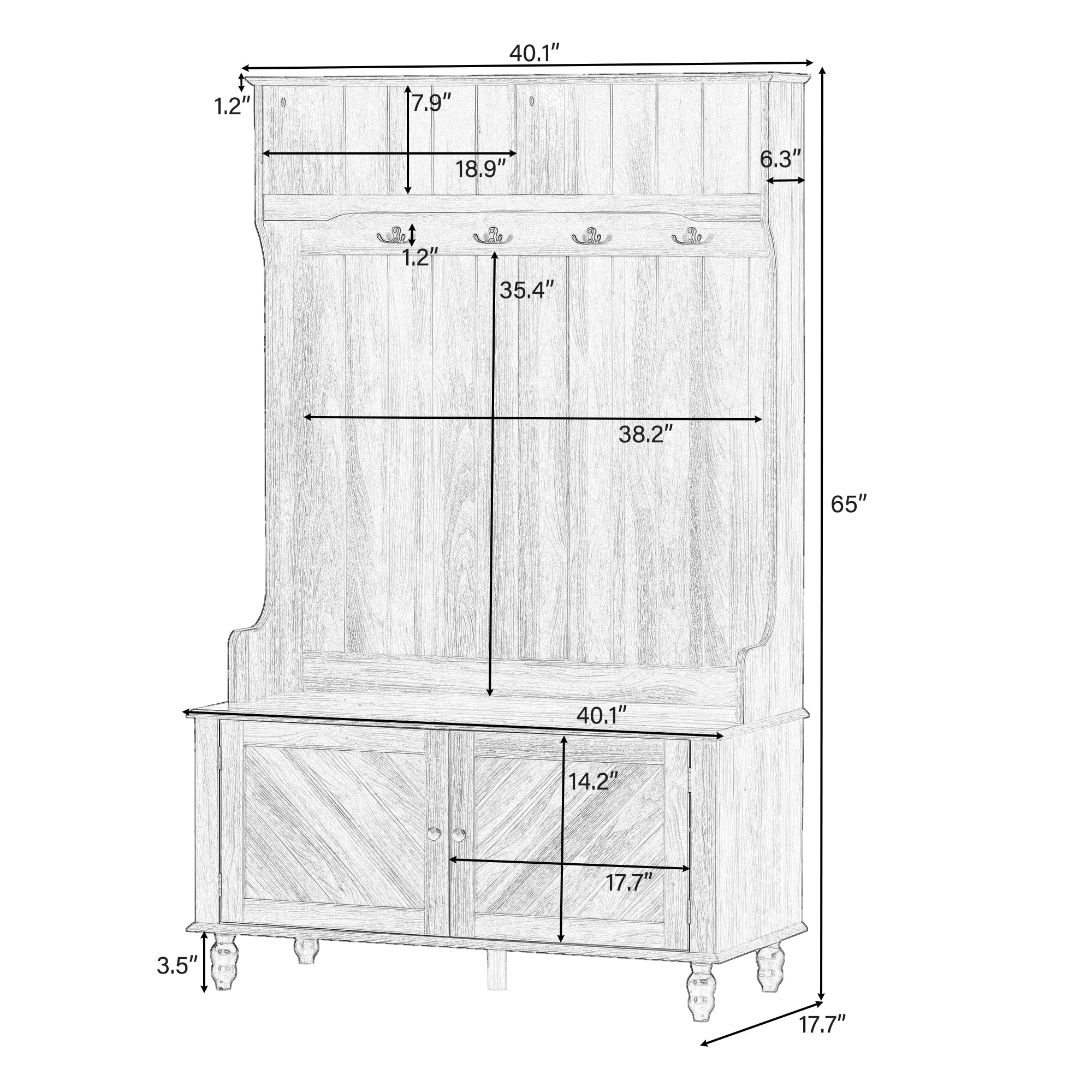 Modern Hall Tree with 4 Hooks & Storage Bench - Wooden Entryway Coat Rack with 2 Open Shelves, 4-in-1 Space Saving Design for Hallway, Foyer or Mudroom - Perfect for Organizing Coats, Shoes & Accessories