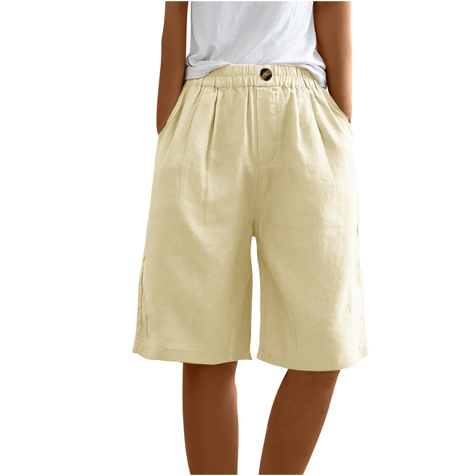 Women's High Waisted Linen Shorts - Casual Summer Beach Shorts with Elastic Waist & Pockets - Lightweight Comfortable Shorts in Beige (XX-Large) - Perfect for Vacation, Travel, and Outdoor Activities