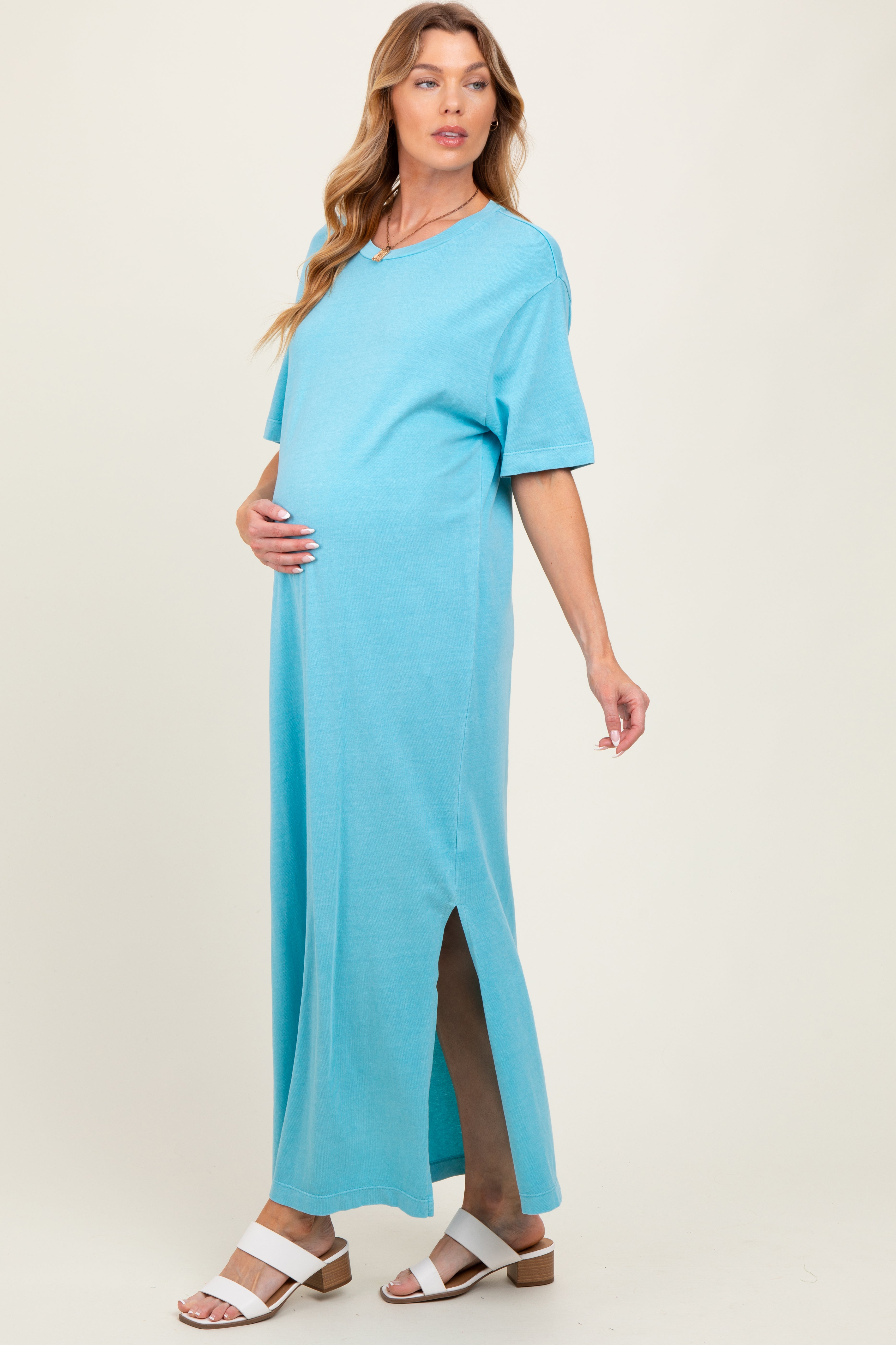 Stylish Aqua Short Sleeve Knit Maternity T-Shirt Maxi Dress - Perfect for Pregnancy, Nursing & Casual Wear