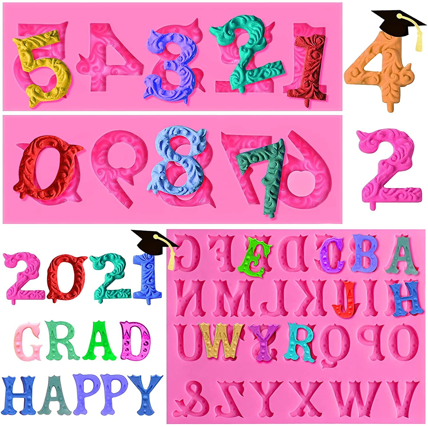 3D Embossed Silicone Molds Set - Alphabet A-Z & Numbers 0-9 for Fondant, Chocolate, Candy Making | Perfect for Birthday Cakes, Graduation Cupcakes, Anniversary Desserts & DIY Cake Decorations | Reusable Baking Molds for Lollipops, Gum Paste, Clay & Cupcake Toppers