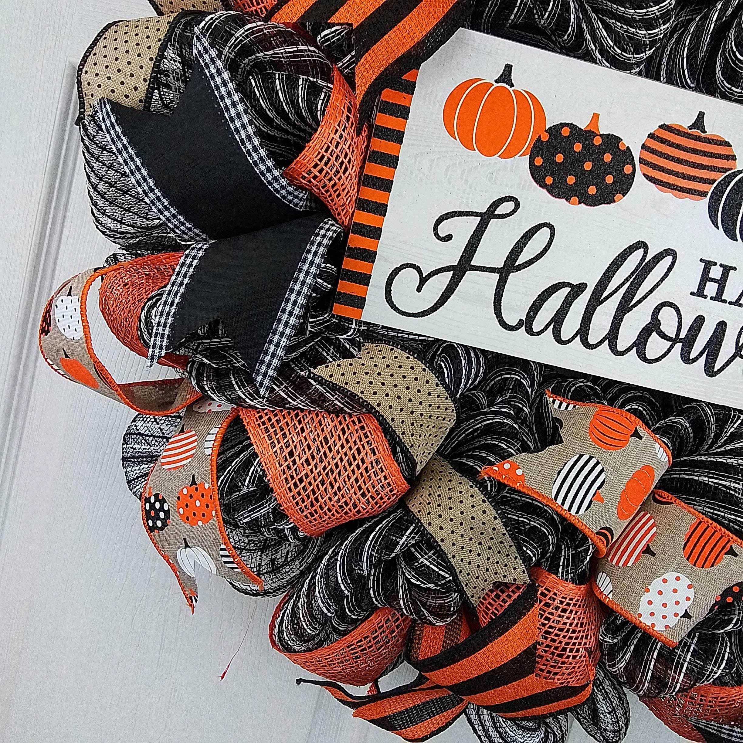 Happy Halloween Wreath - Pumpkin Door Wreath Decor for Halloween & Thanksgiving - Orange Black White Burlap Stripe Jack O Lantern Wreath - Perfect for Front Door, Office & Home Halloween Decorations