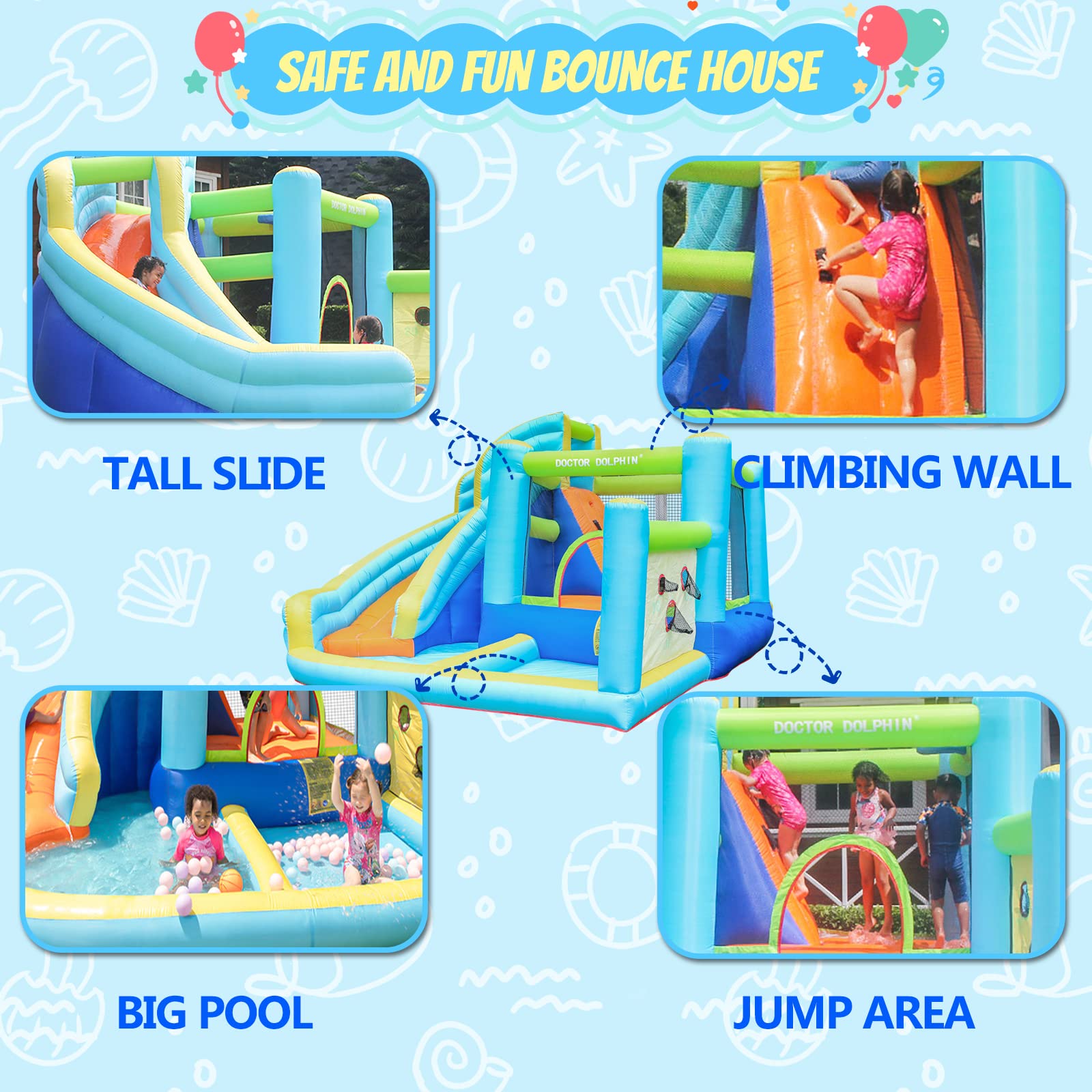 **Doctor Dolphin Inflatable Bounce House with Water Slide for Kids - Outdoor & Indoor Water Park Play Set with Blower, Perfect for Backyard Parties, Summer Fun, and Family Gatherings**