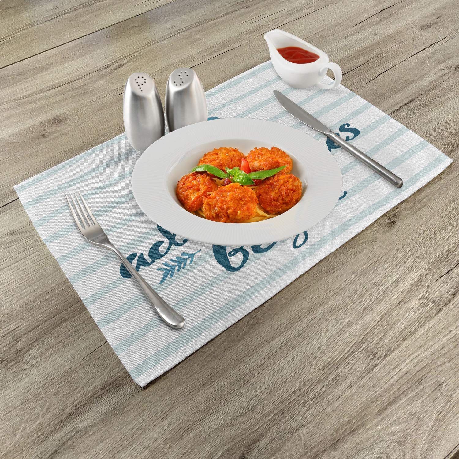 Ambesonne Nautical Stripes Anchor & Arrow 4-Piece Placemats Set - Washable Fabric Dining Table Mats for Cruise, Travel & Sea-Themed Decor - Standard Size in Night Blue & Pale Blue - Perfect for Beach House, Coastal Kitchen & Cruise Ship Dining