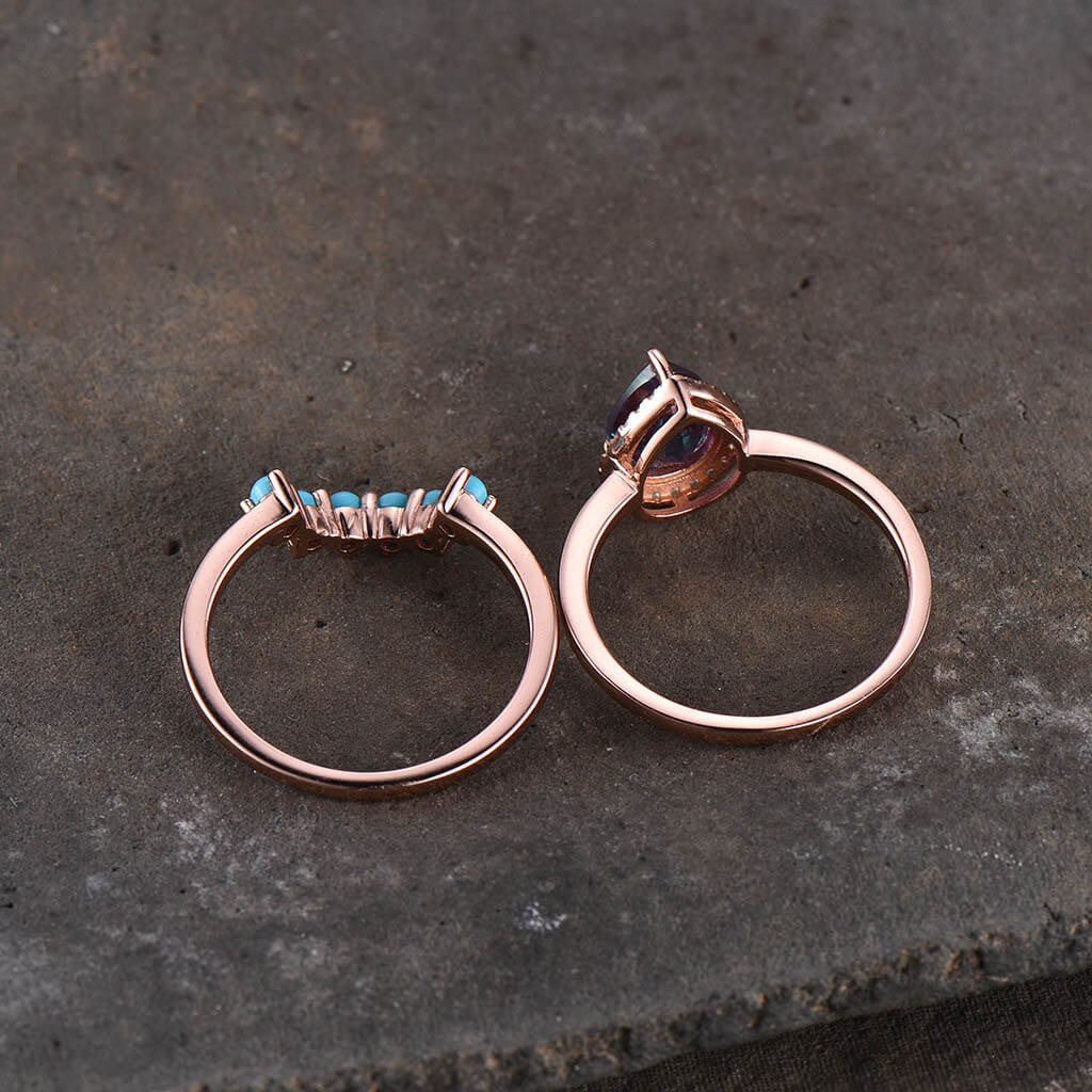 Vintage Pear Shaped Alexandrite & Turquoise Engagement Ring Set with Matching Band (2-Piece) - Perfect for Weddings, Anniversaries & Unique Proposal Gifts