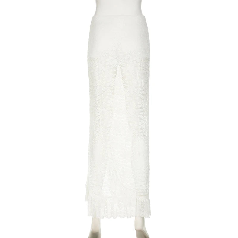 Elegant Asymmetrical White Lace Skirt for Women - Bow Ruffles, See-Through Split Design, Korean Style Party Long Skirt | Perfect for Evening Events, Date Nights, and Special Occasions