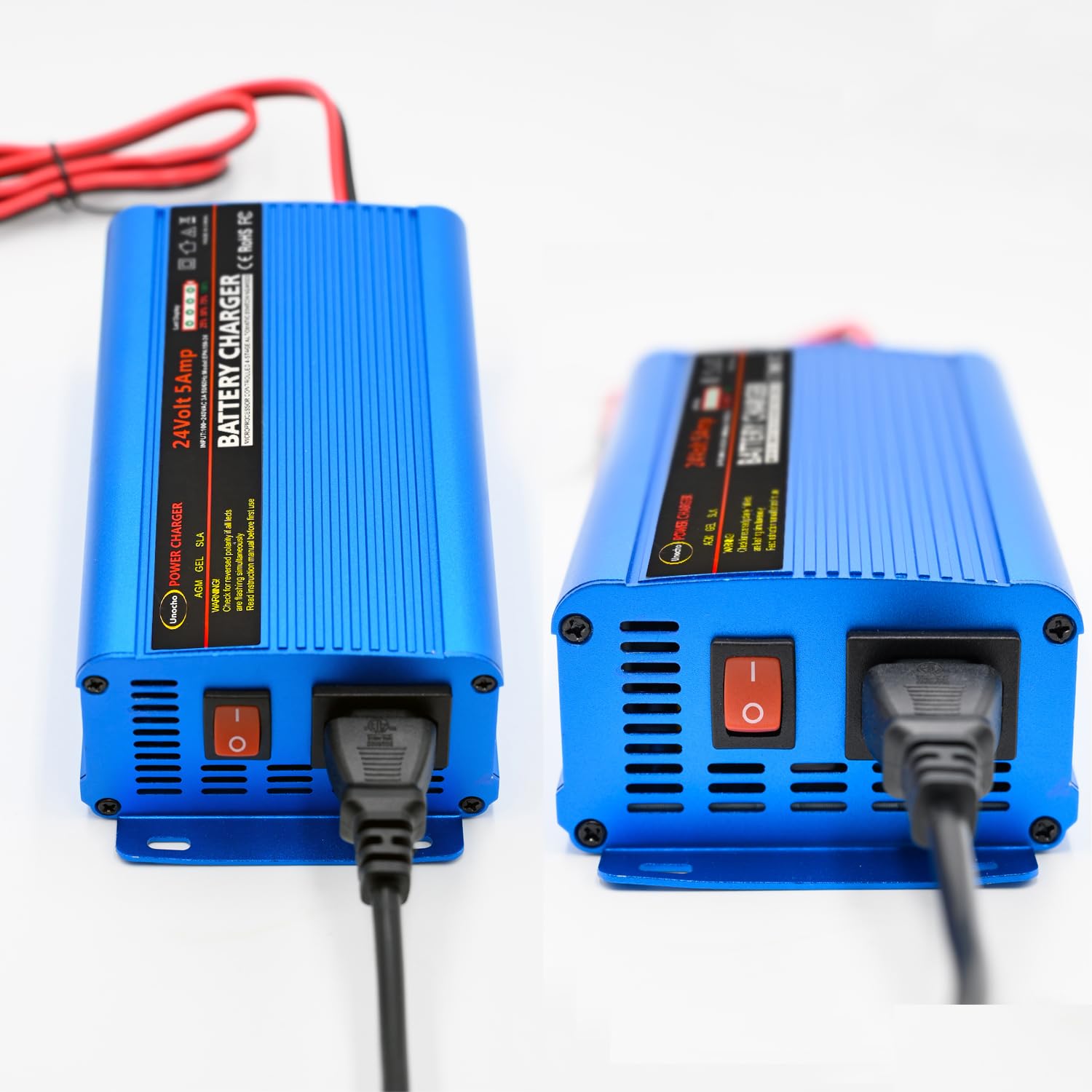 Unocho 24V Smart Automatic Battery Charger - 5A Car Battery Maintainer with Trickle Charge, 3-Pin XLR & Alligator Clips, I/O Switch - Perfect for Cars, Motorcycles, Boats & RVs