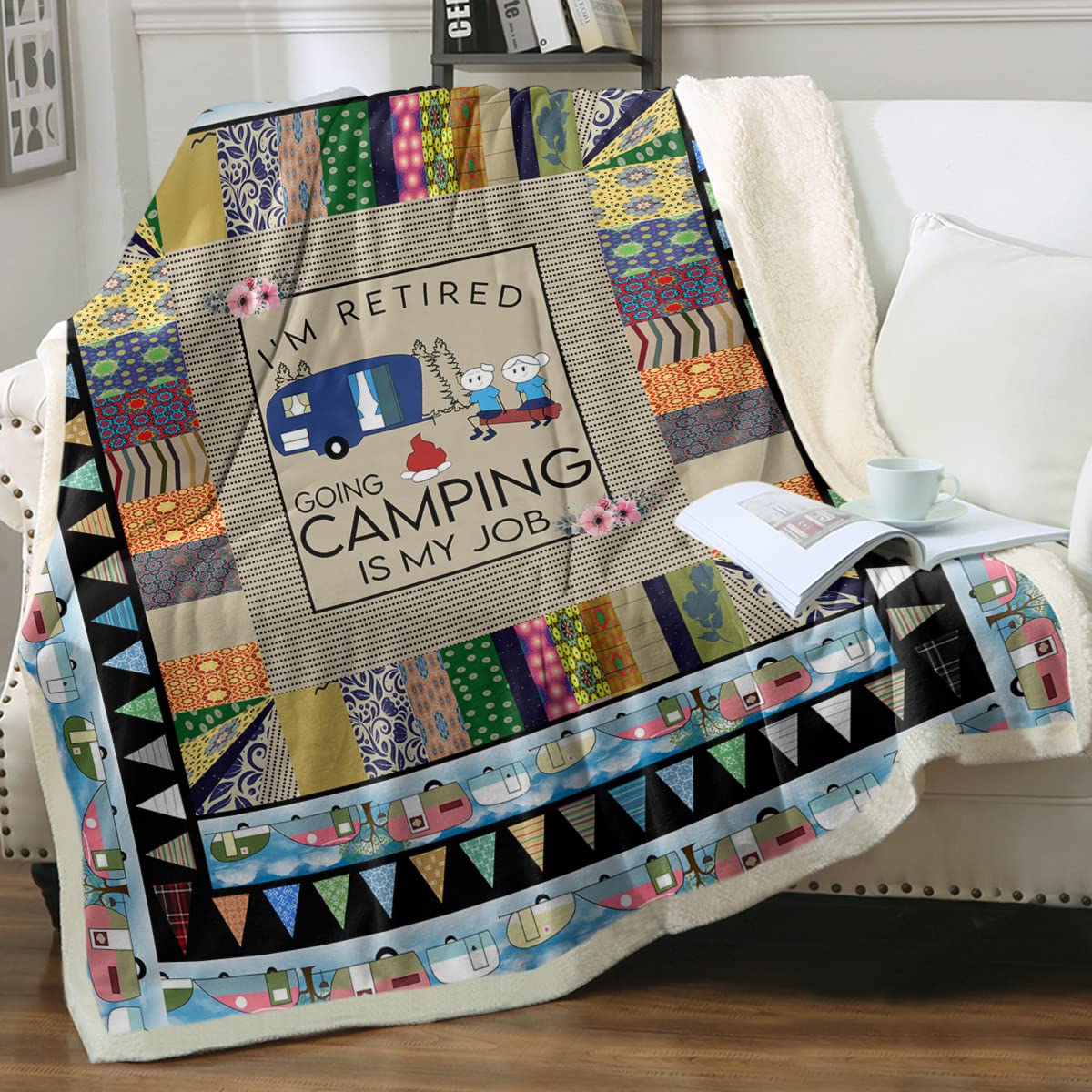 Funny Camping Sherpa Fleece Blanket - 'Retired Camping is My Job' Design - King Size 108x90 Inches - Perfect Gift for Camping Lovers & Retirement - Cozy for Outdoor Adventures, Campfire Nights & Cabin Decor