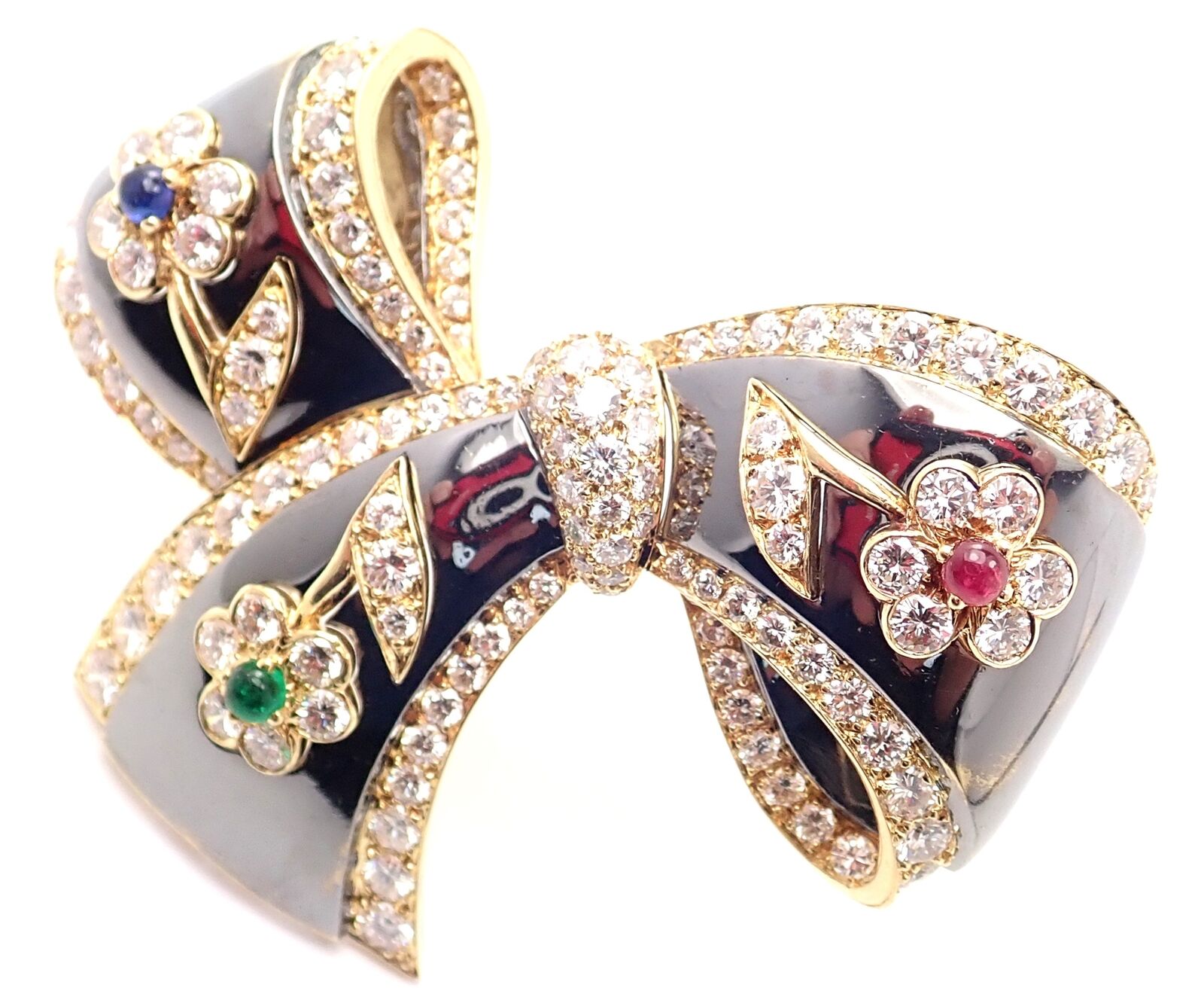 Van Cleef & Arpels 18k Gold Floral Brooch with Diamonds, Rubies, Emeralds & Sapphires - Vintage Luxury Jewelry for Women, Perfect for Weddings, Galas & Special Occasions