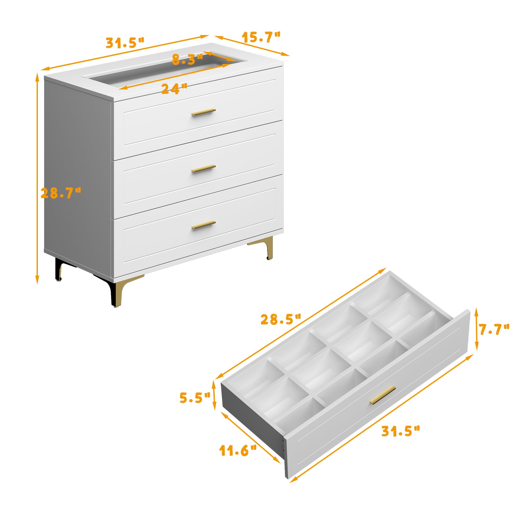 Modern White Dresser with 3 Drawers & Jewelry Organizer - Glass Top Wooden Storage Chest with Metal Legs for Bedroom, Living Room & Hallway - Perfect for Small Spaces & Apartment Organization (31.5”L x 15.7”W x 28.7”H)