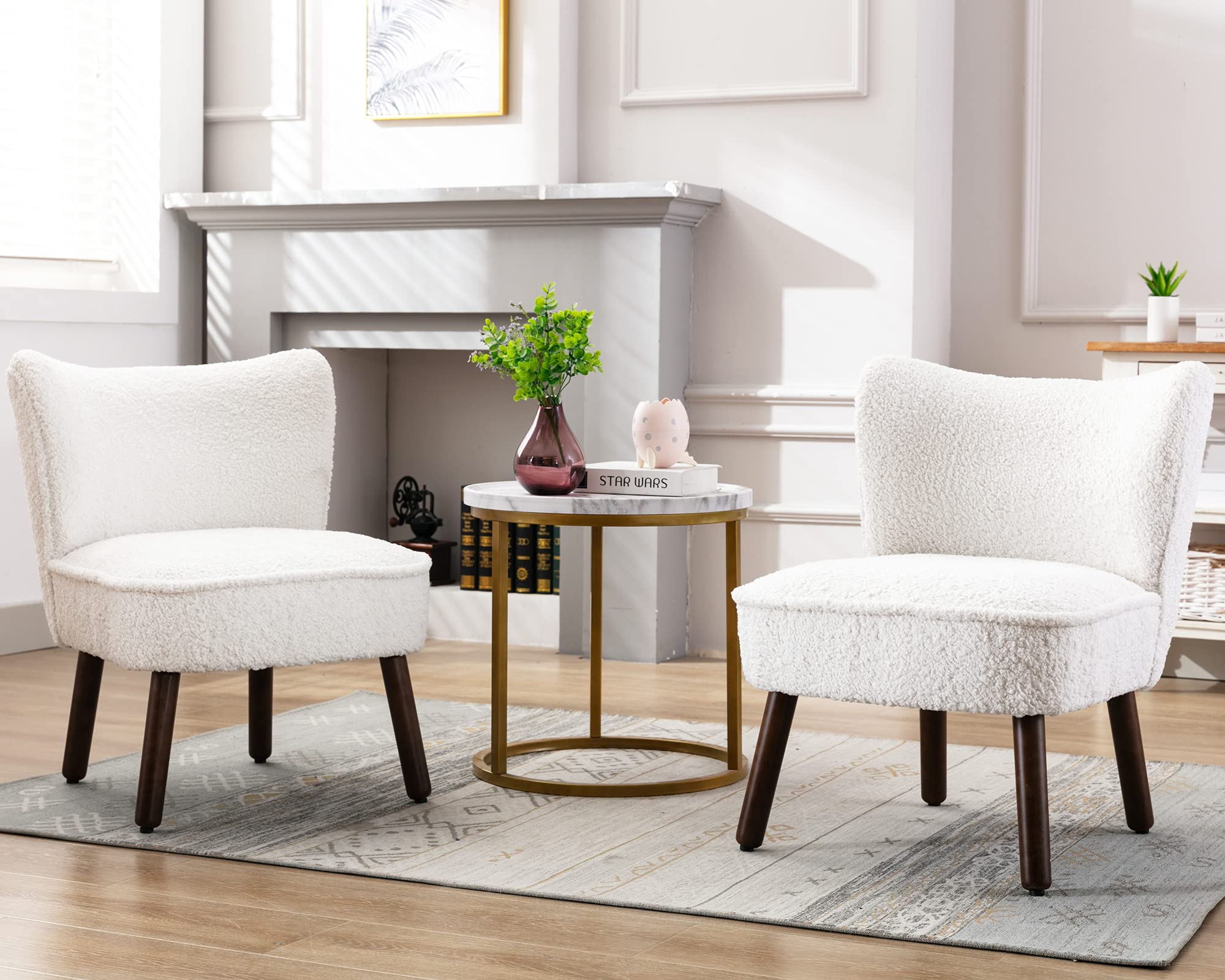 Janoray Fuzzy Accent Chair Set of 2 - Sherpa Upholstered Armless Slipper Chairs with Wooden Legs - Mid Century Modern Living Room Chairs for Bedroom, Guest Room & Office - Cozy Seating for Relaxing & Reading (White)