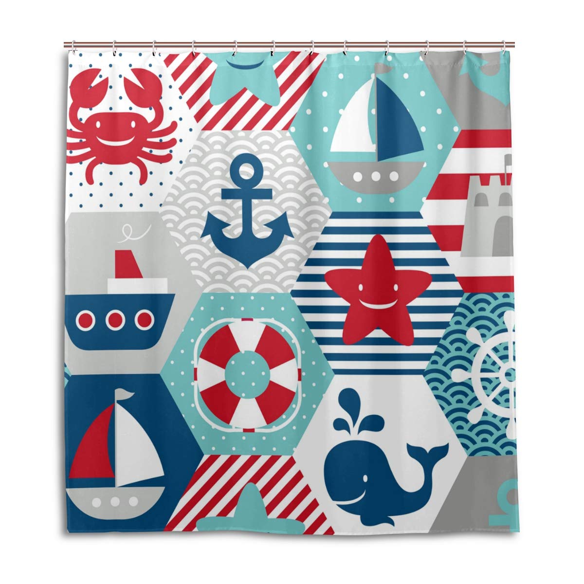 ALAZA Funny Anchor Nautical Pattern Waterproof Shower Curtain - 66x72 Inch Polyester Bathroom Decor with Hooks | Perfect for Beach Themed Bathrooms & Coastal Home Decor