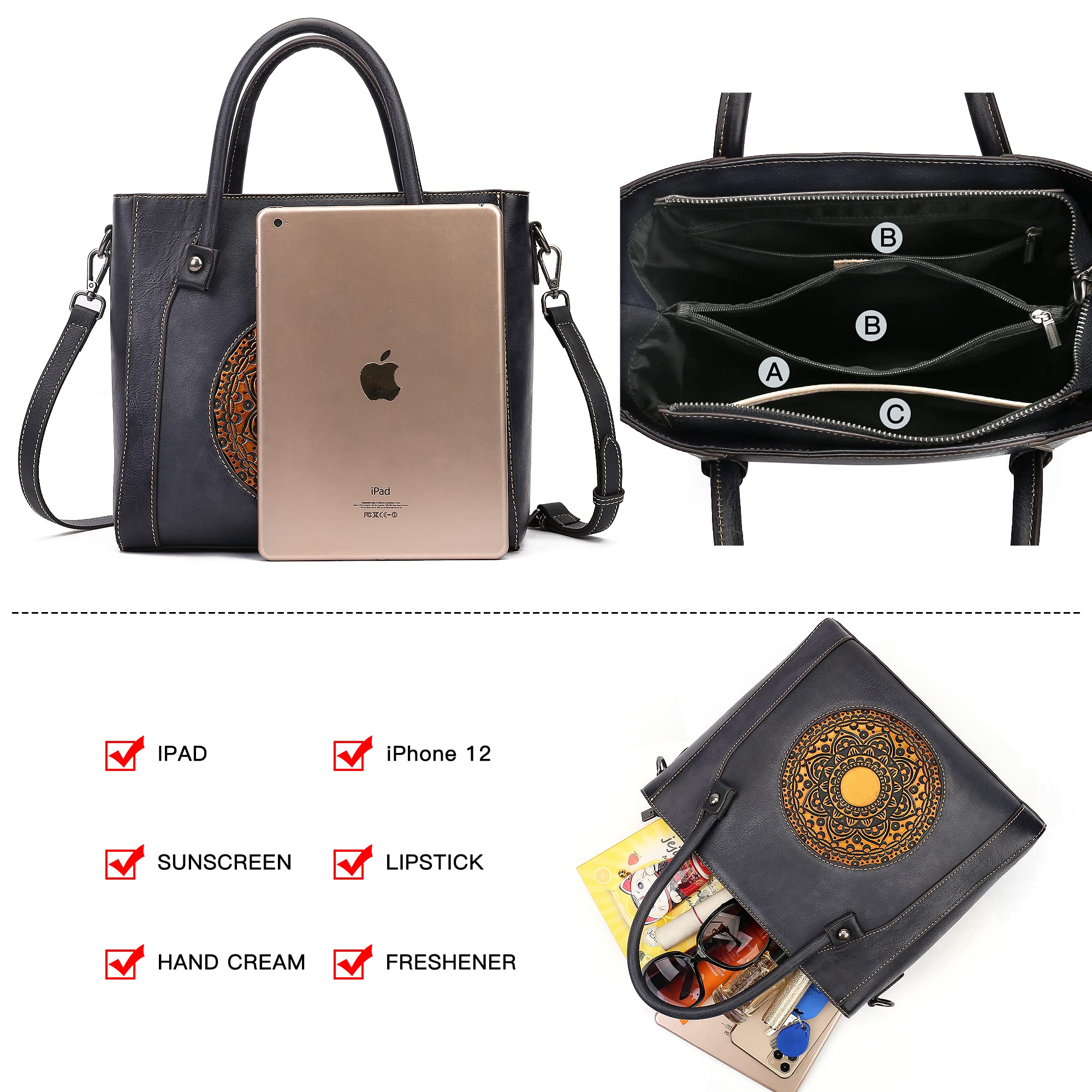 Genuine Leather Handbag for Women - Retro Embossed Mandala Designer Purse, Handmade Italian Leather Tote Bag with Organizer | Perfect for Work, Travel & Everyday Use