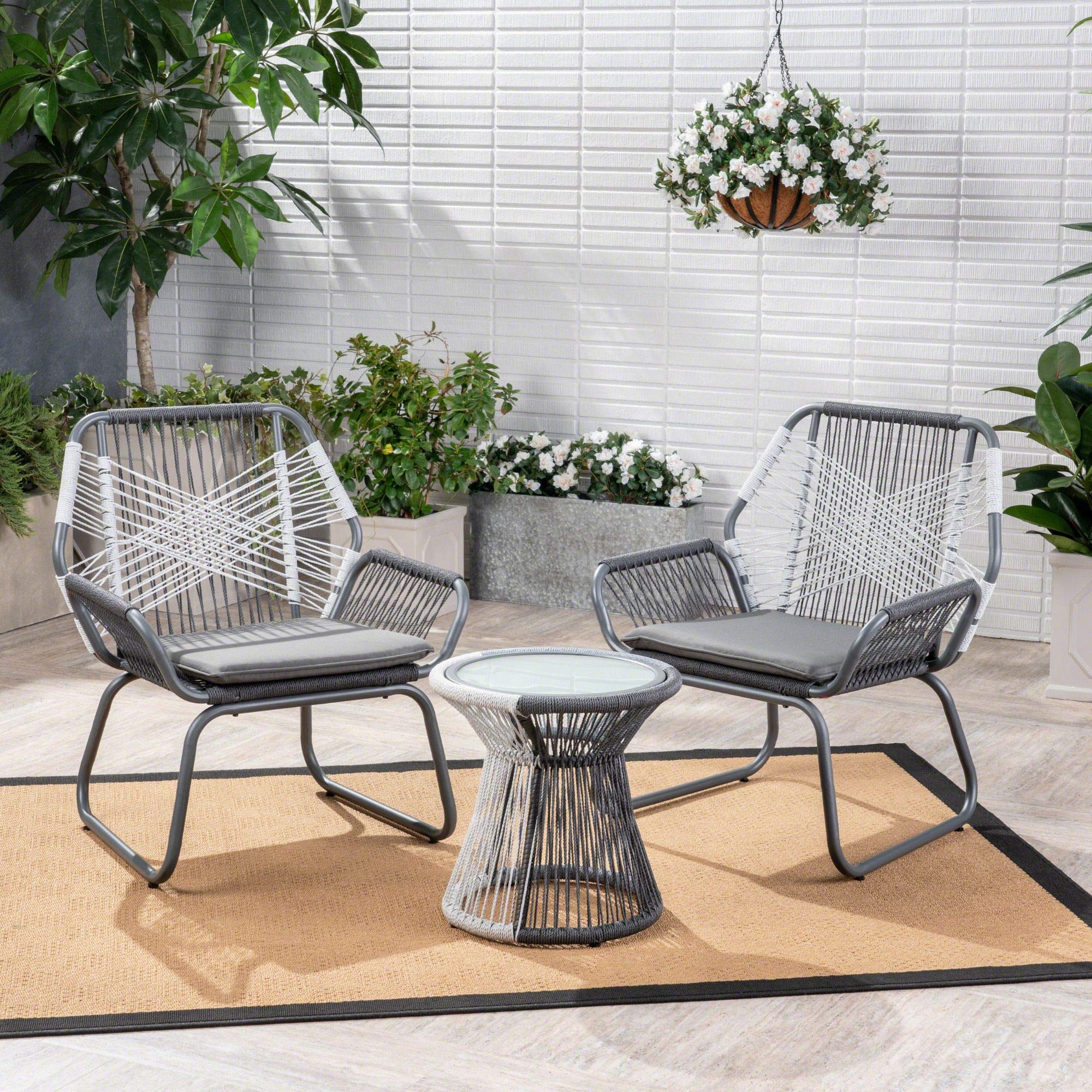 Modern 3-Piece Gray & White Rope Woven Outdoor Patio Furniture Set with Gray Cushions - Waterproof & Durable Conversation Set for Backyard, Garden, Poolside or Balcony Relaxation