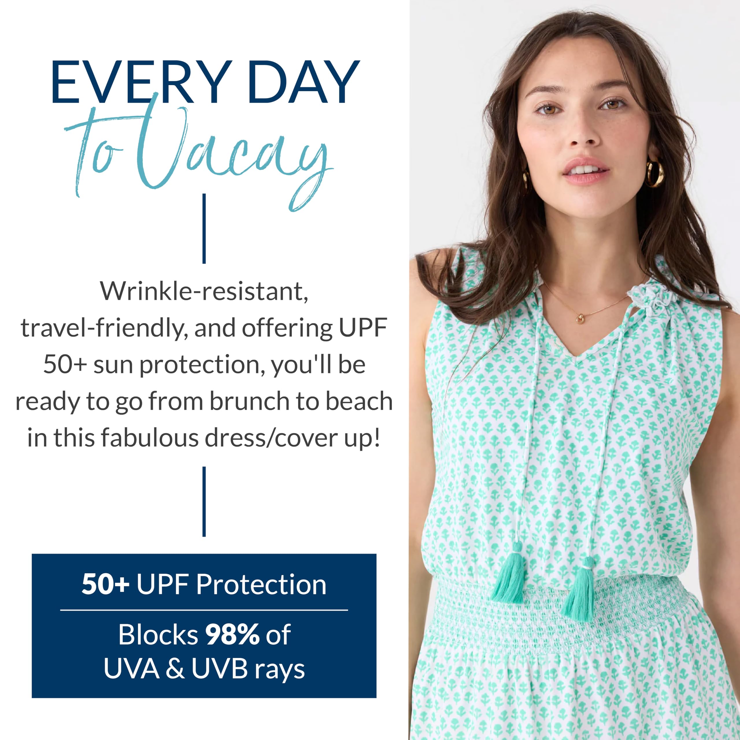 Cabana Life Women's SPF 50+ Sun Protective Smocked Waist Sundress - UPF 50+ Nylon/Spandex Beach Cover-Up Dress for Summer Vacation, Pool Party & Outdoor Activities