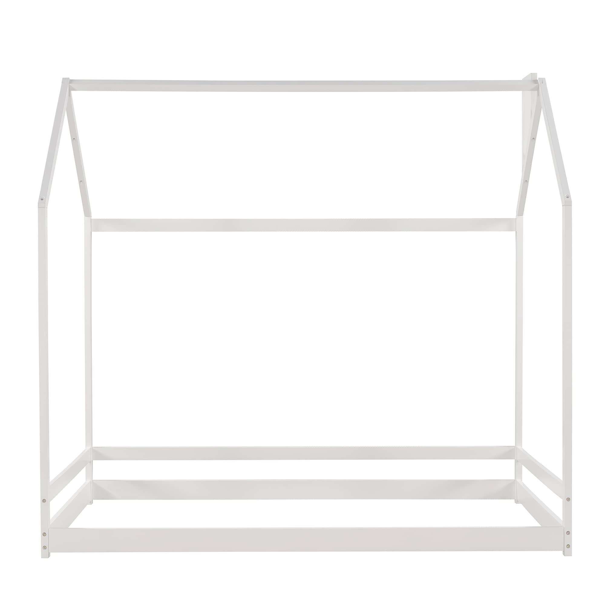 **White Wooden Twin House Bed Frame with Roof for Toddlers, Kids, Boys & Girls - Floor Bed, Tent Bed Design - No Box Spring Needed - Perfect for Bedrooms, Playrooms & Kids' Sleepovers**