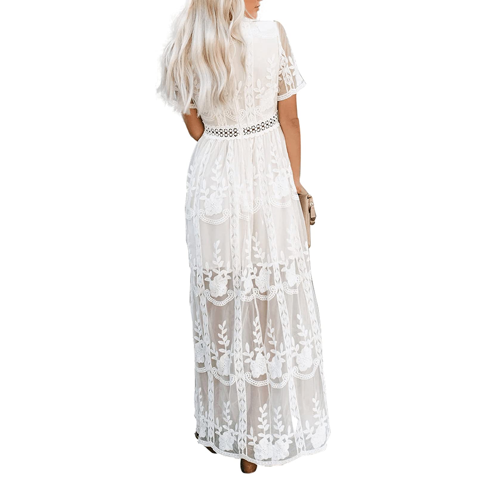 Women's Deep V Neck Short Sleeve Floral Lace Maxi Dress - Elegant Long Bridesmaid Gown for Weddings, Parties & Summer Events