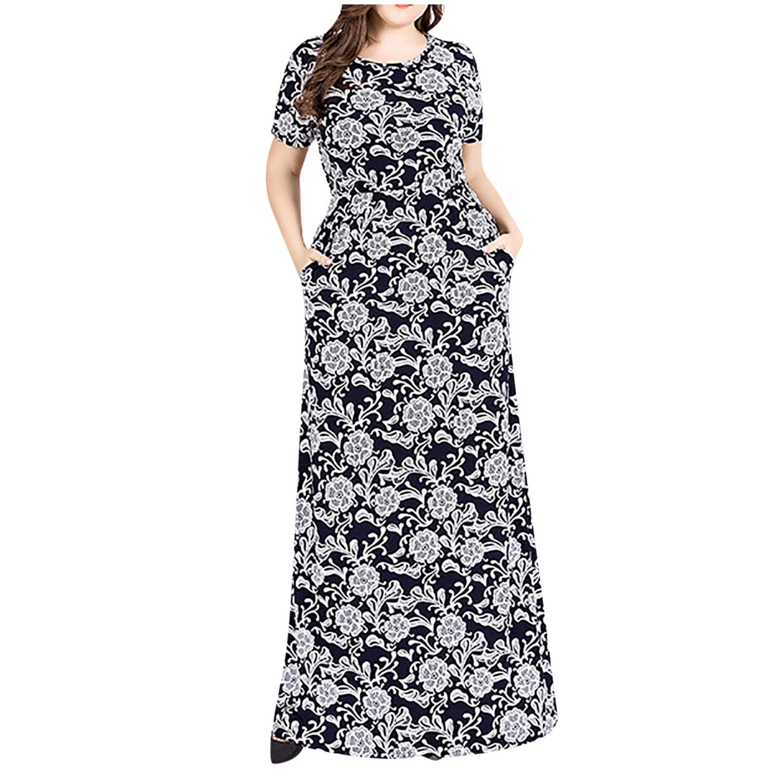 PATLOLLAV Plus Size Maxi Dress for Women - Elegant Retro Boho Floral Print Crewneck Short Sleeve Long Dress with Pockets | Perfect for Summer Vacations, Beach Parties & Casual Outings