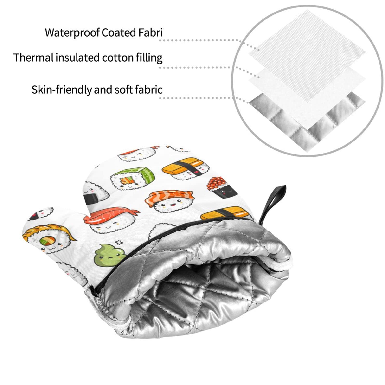 Japanese Kawaii Sushi Oven Mitts & Pot Holders Set of 4 - Heat Resistant Kitchen Gloves for Cooking, Baking, Grilling & BBQ - Perfect for Home Chefs & Sushi Lovers