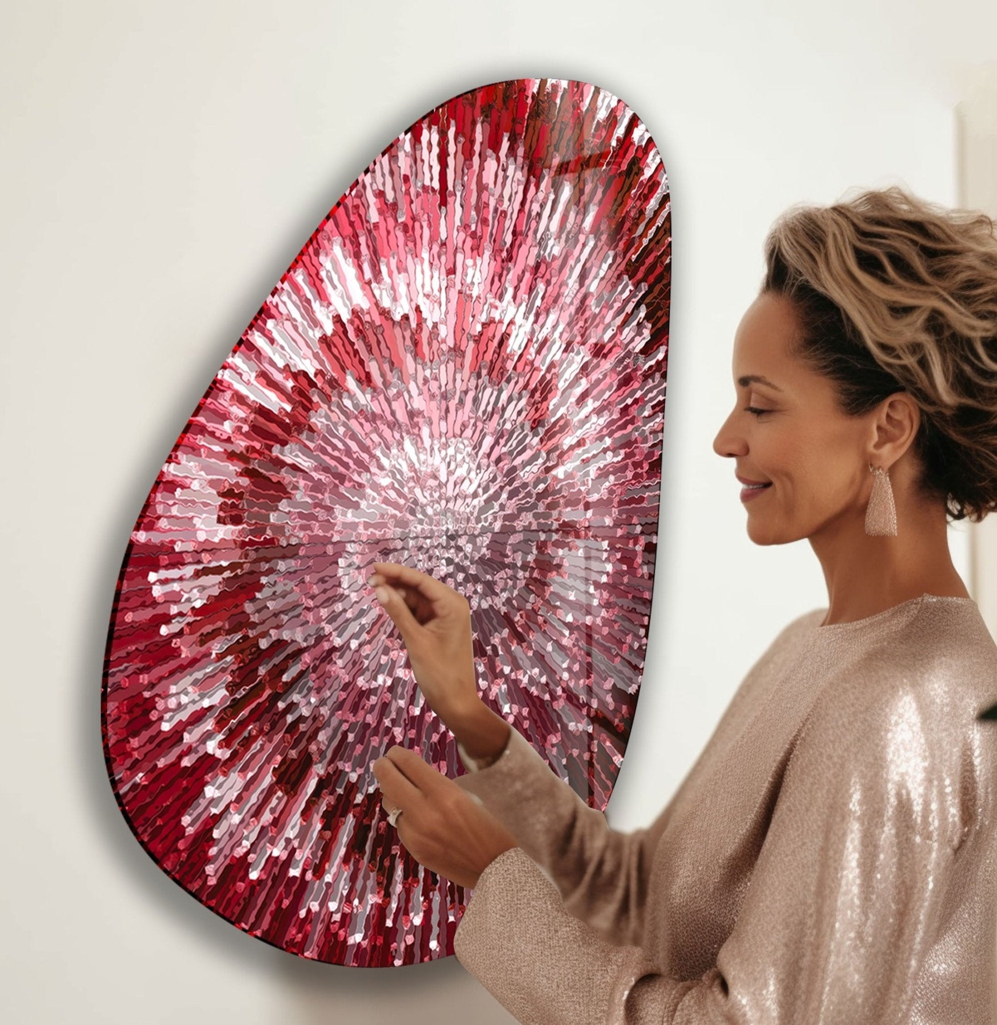 Abstract Red Asymmetrical Oval Glass Wall Art - Modern Home Decor for Living Room, Bedroom & Office