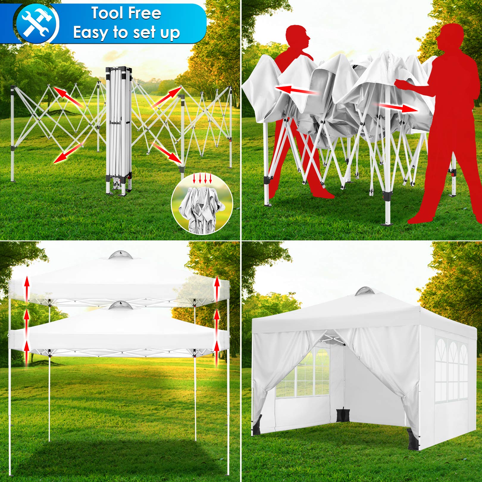 COBIZI 10x10 Pop Up Canopy Tent - Waterproof Instant Gazebo with 4 Sidewalls for Outdoor Events, Parties, Backyard & Commercial Use - Includes 4 Sandbags, 4 Stakes & 8 Ropes (White) - Perfect for Picnics, Farmers Markets, Beach Days and Tailgating