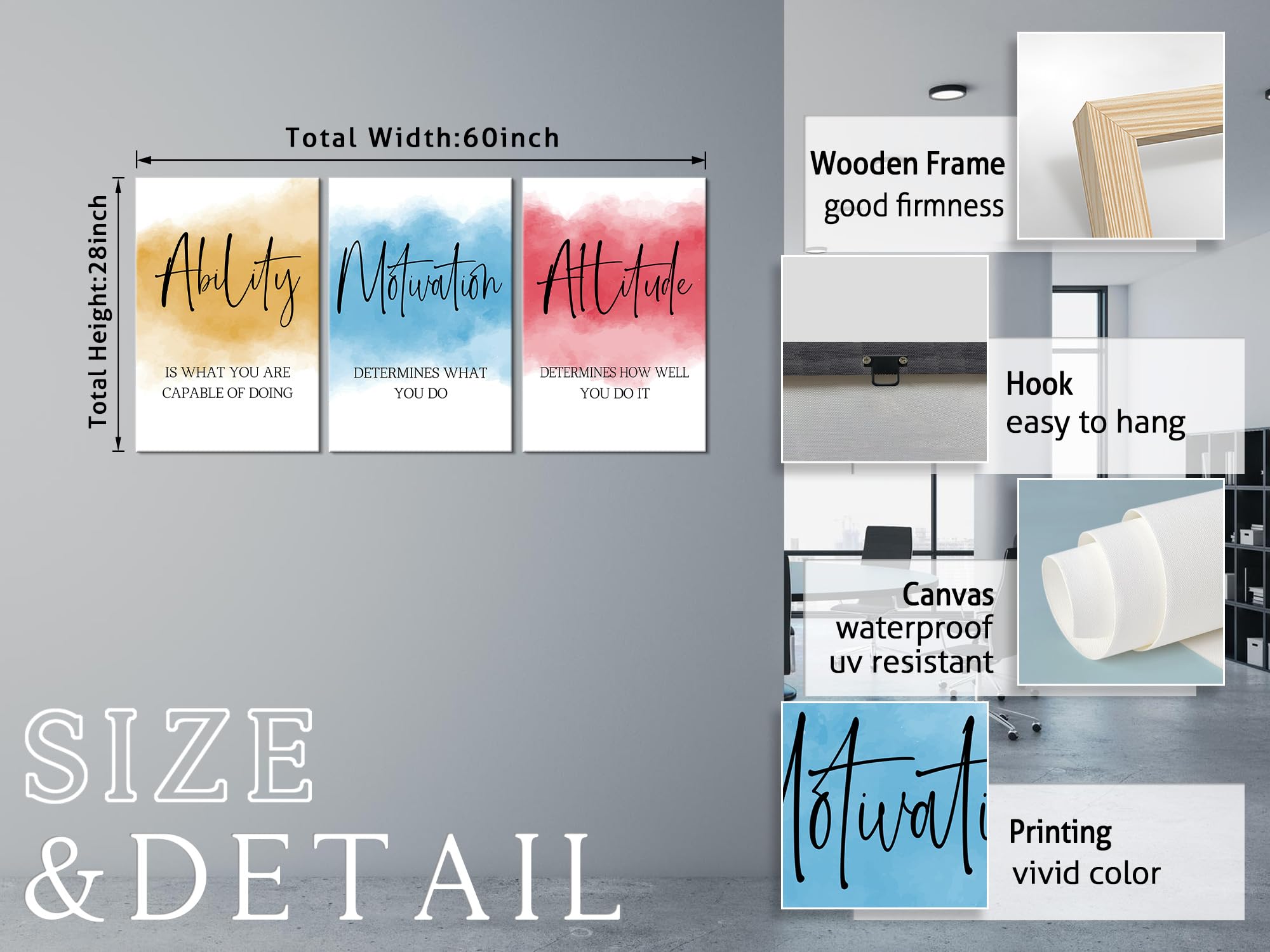 3 Piece Motivational Wall Art Set - Inspirational Quotes Canvas Prints for Office & Home Decor (20''Wx28''H) - Perfect for Workspace, Living Room & Bedroom Wall Decor