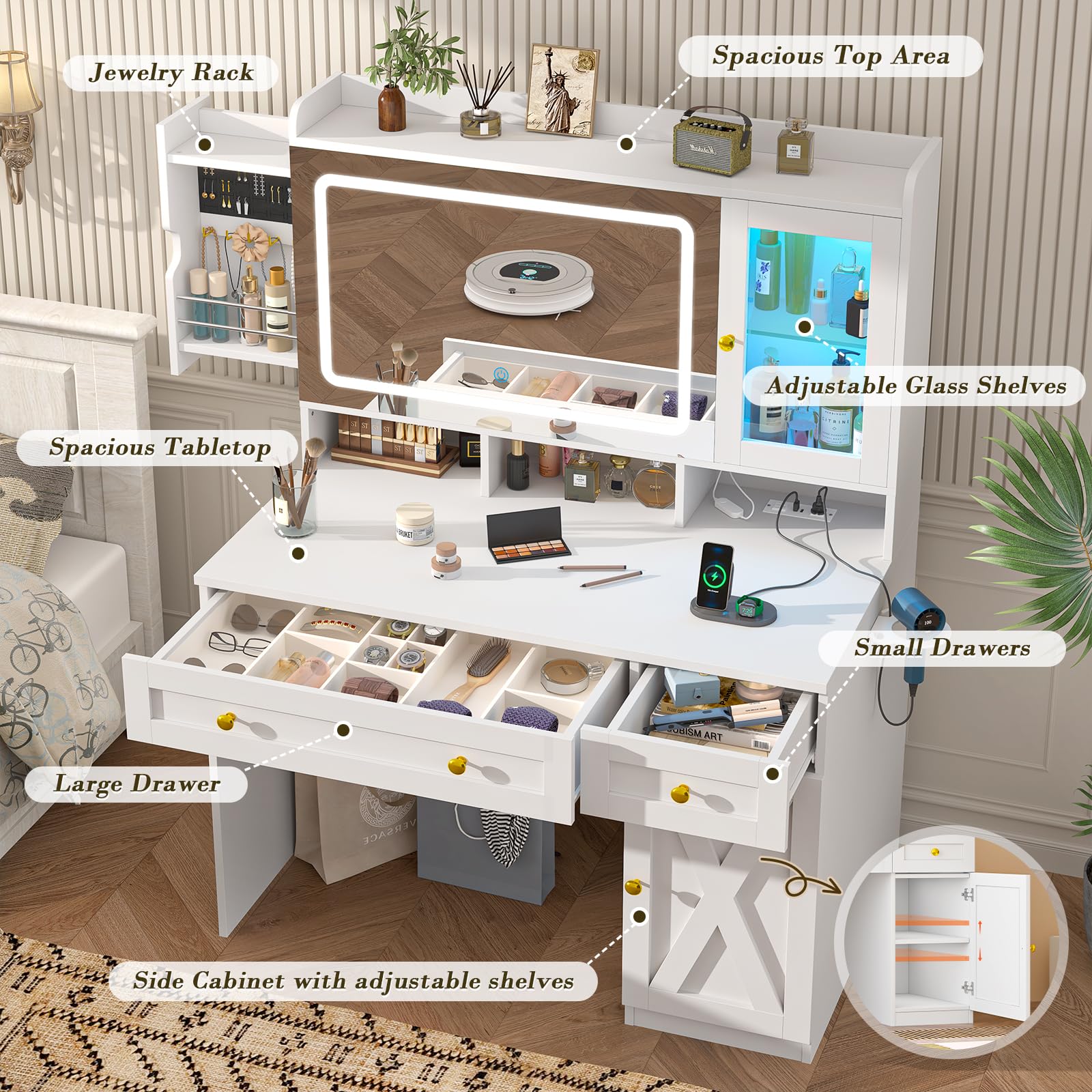 Vanity Desk with Mirror and LED Lights - White Makeup Dressing Table with USB Charging Station, Storage Drawers & Hidden Jewelry Organizer - RGB Color Changing Cabinets - 3 Lighting Modes for Bedroom Makeup & Beauty Routine