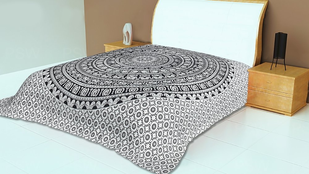 White and Black Mandala Tapestry Queen Size - Cotton Printed Wall Hanging, Bed Throw, Room Divider & Home Decor for Bohemian Bedroom, Dorm, Yoga Studio & Meditation Space