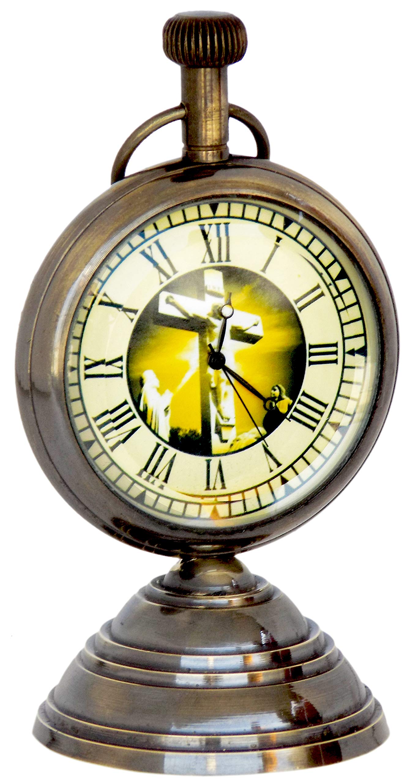 Antique Brass Nautical Desk & Shelf Clock - Vintage Home Office Decor, Reception Counter Paperweight Clock with Cross Design (Yellow) - Perfect for Coastal, Farmhouse & Traditional Decor Styles