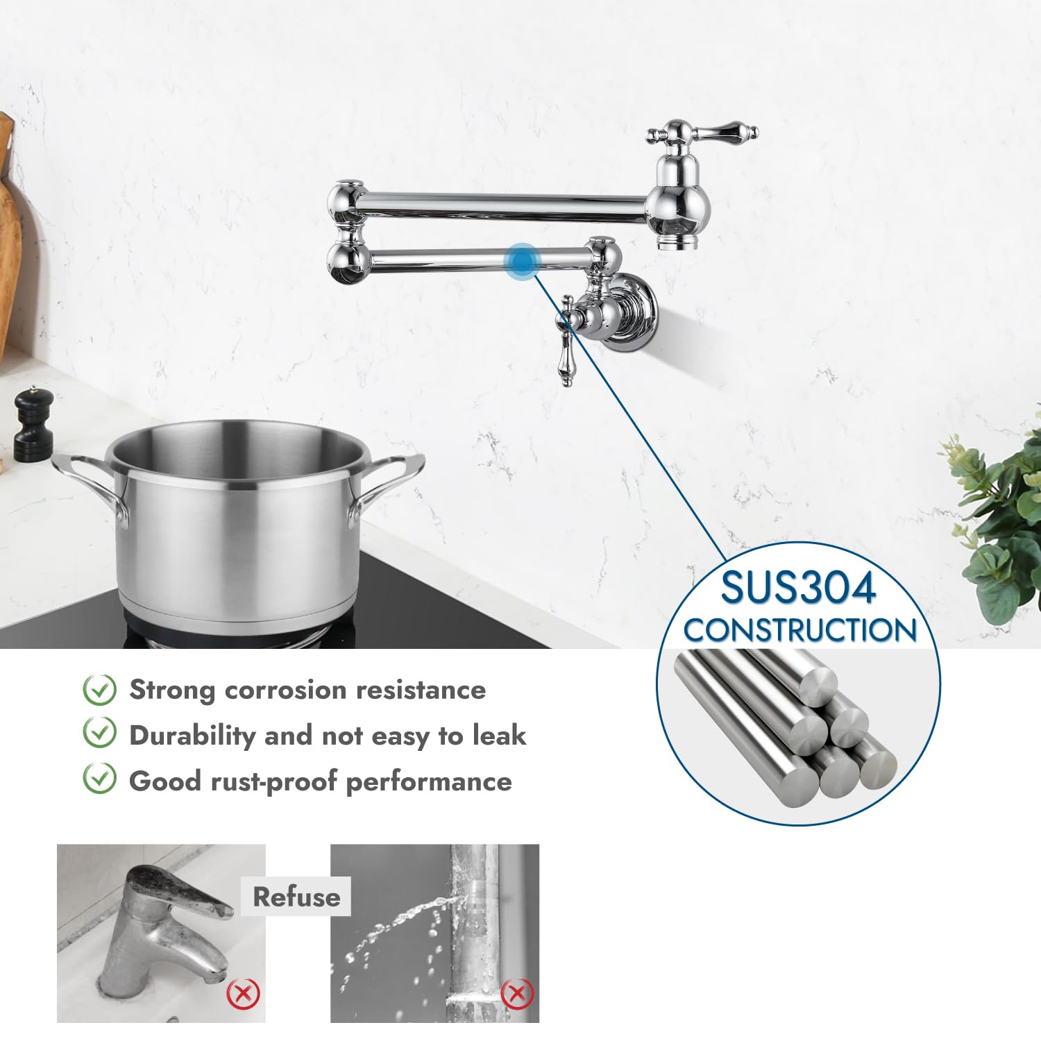 Polished Chrome Wall Mount Pot Filler Faucet - Stainless Steel Commercial Kitchen Sink Faucet with Double Joint Swing Arm & 2 Handles (1 Hole Installation) - Ideal for Restaurants, Home Kitchens & High-Traffic Cooking Areas