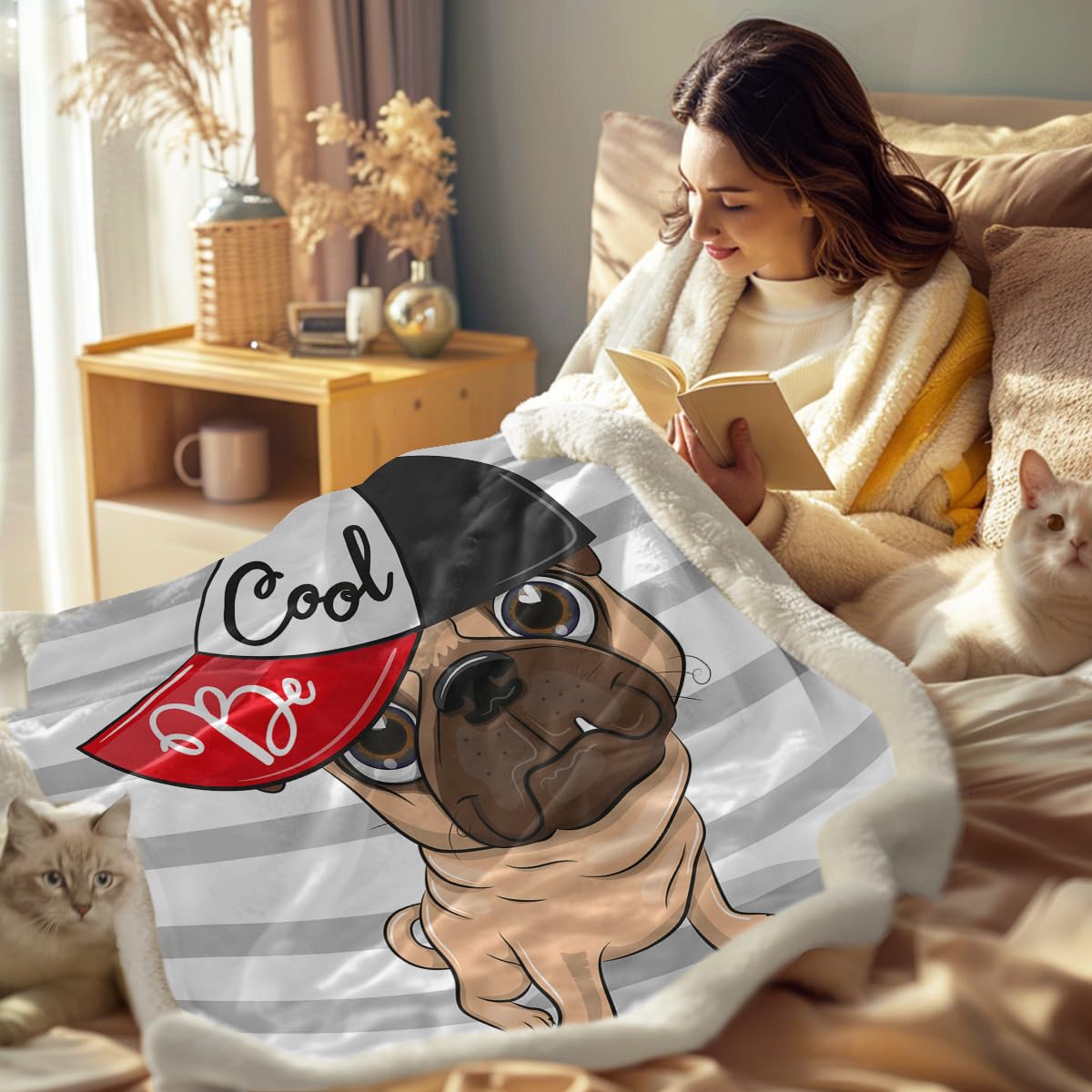 Sleepwish Reversible Pug Fleece Blanket - Gray Striped Sherpa Dog Blanket with Cap | Ultra Soft Cute Animal Throw for Couch, Bed & Chair | Twin Size 60x80 Inches | Perfect for Home Decor, Gift Giving & Cozy Winter Nights