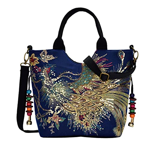 JMKQLZ Women's Vintage Phoenix Sequins Embroidery Canvas Tote Bag - Stylish Casual Shoulder Handbag with Decorative Pendants for Work, Shopping & Travel Accessories