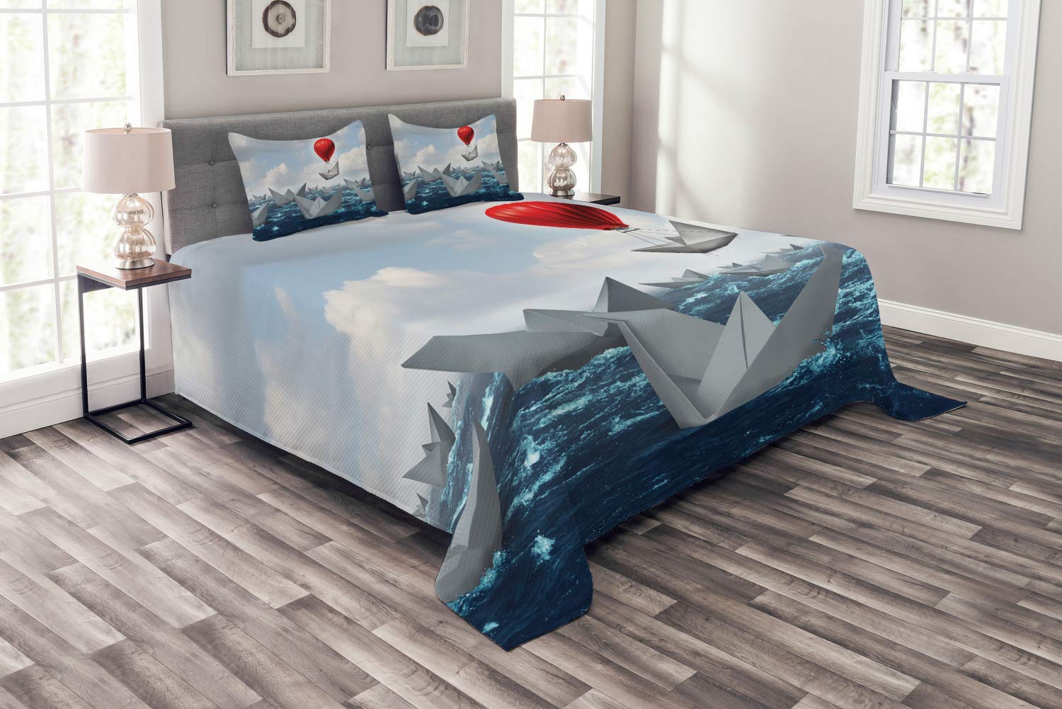 Ambesonne Abstract King Size 3-Piece Bedspread Set with 2 Pillow Shams - Dreamy Paper Boats on Wavy Ocean Design in Vermilion, Blue, Grey & Dark Night Blue Colors | Quilted Decorative Coverlet for Master Bedroom, Guest Room & Coastal Themed Decor