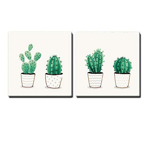 Wall26 2 Panel Square Canvas Wall Art - Green Cactus in Pots - Giclee Print Gallery Wrap Modern Home Decor - 24x24 Inches Set of 2 - Ready to Hang - Perfect for Living Room, Bedroom or Office Decor