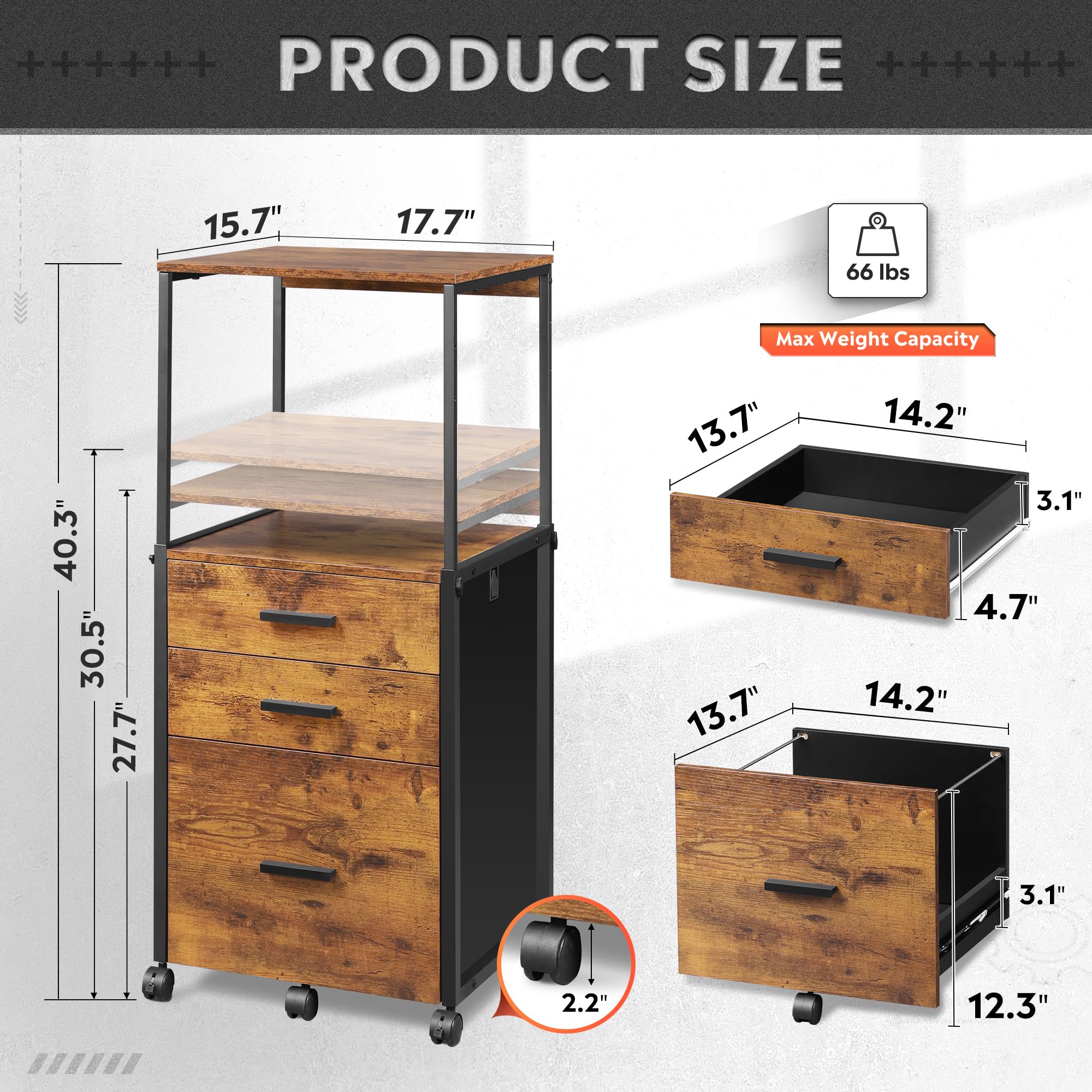 DEVAISE Rolling File Cabinet with Storage Drawers - Adjustable Shelves Wooden Printer Stand for Home Office - Rustic Brown Filing Cabinet | Perfect for Organizing Documents, Office Supplies & Printer Equipment in Small Spaces