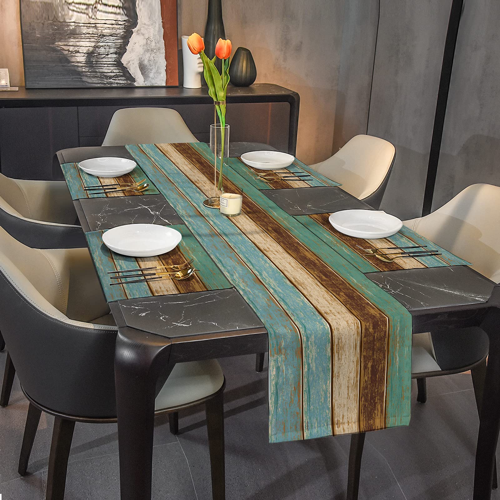 Farmhouse Table Runners 72 Inches Long - Wood Grain Spring Table Runner in Old Barn Wood Blue Brown - Heat Resistant Kitchen & Dining Room Decor for Coffee Tables, Perfect for Rustic Weddings and Seasonal Home Styling