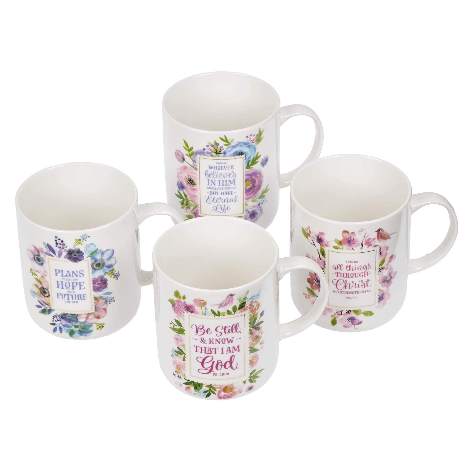 Inspirational Christian Ceramic Coffee & Tea Mug Set for Women - Watercolor Flowers & Bible Verse Design | Boxed Set of 4 | Perfect for Bible Study, Prayer Time & Christian Gift Giving