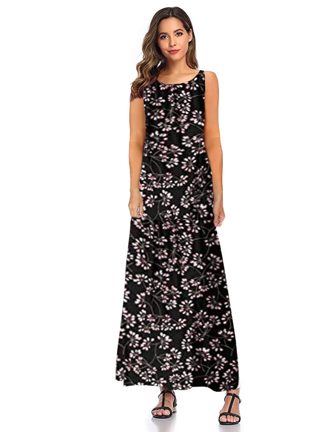 SHELY Women's Sleeveless Loose Plain Casual Maxi Long Dress with Pockets - Summer Beach Cover Up, Vacation Outfit, Boho Chic Dress for Outdoor Activities